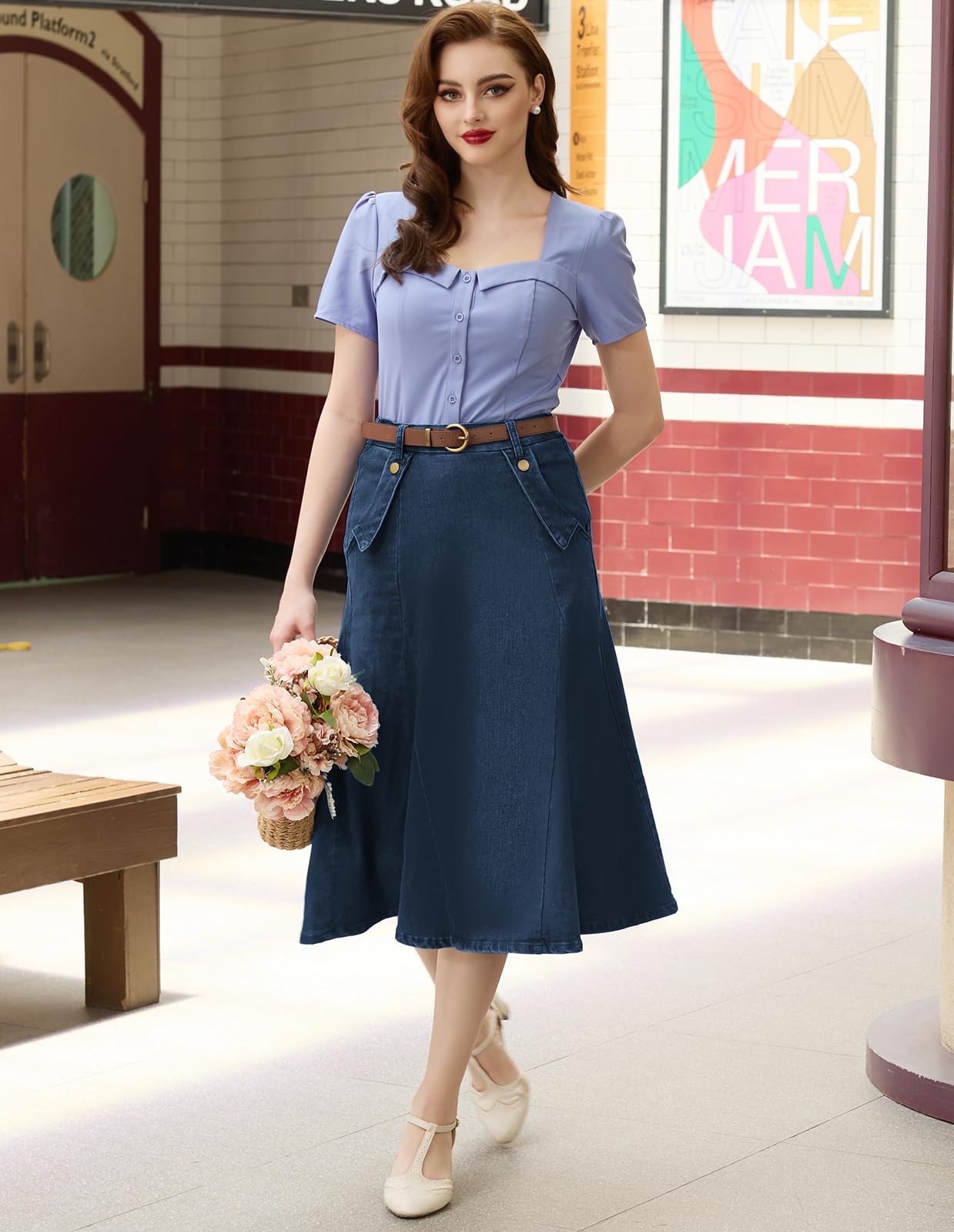 Belle Poque Women's Vintage High Waist Denim Skirt - Stretchy Elastic Waistband, A-Line Maxi Length with Pockets - Perfect for Casual Outfits, Date Nights & Boho Style