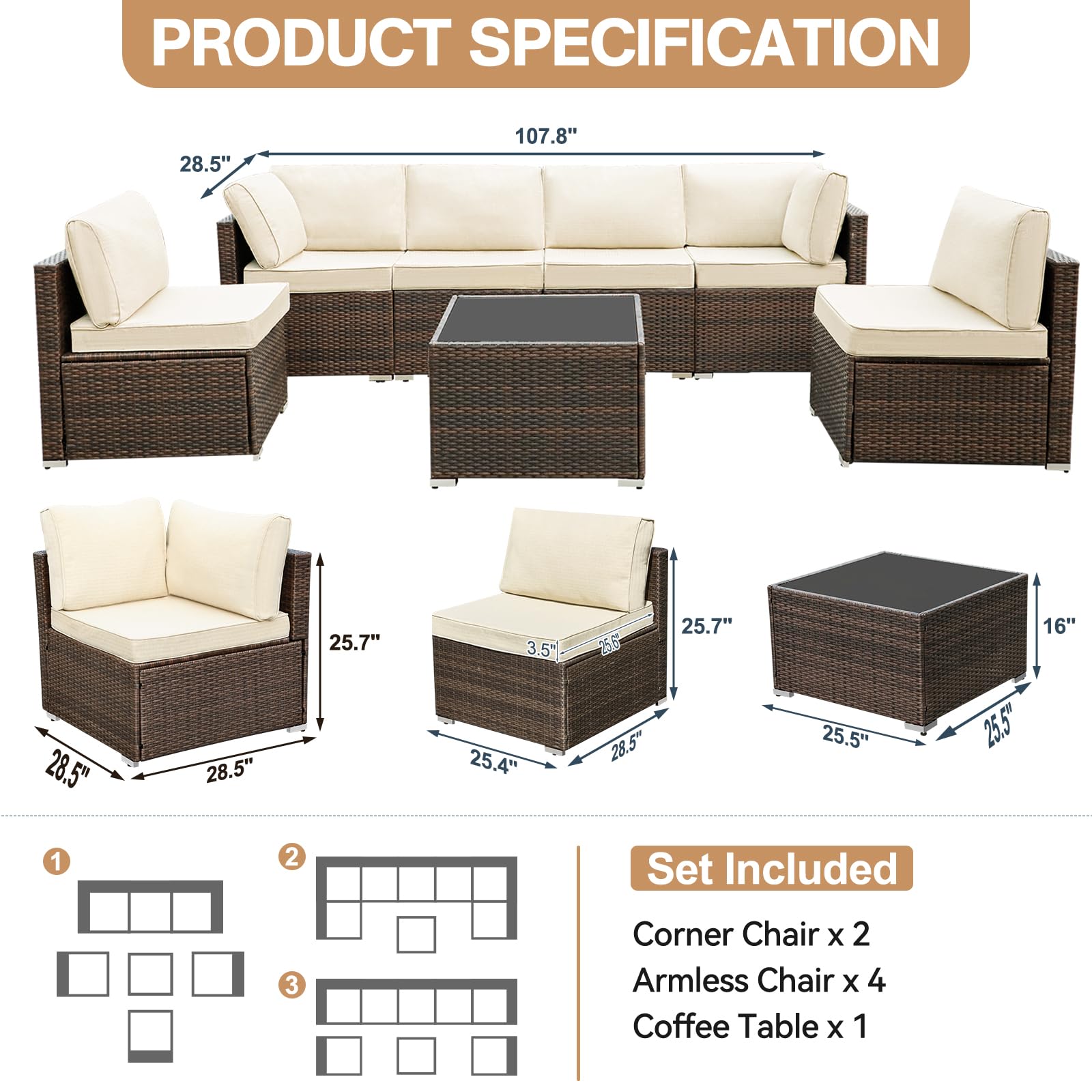 7-Piece All-Weather Wicker Patio Furniture Set with Cushions & Coffee Table - Outdoor Sectional Conversation Set for Garden, Poolside, Backyard (Brown) | Perfect for Relaxing, Entertaining & Outdoor Gatherings