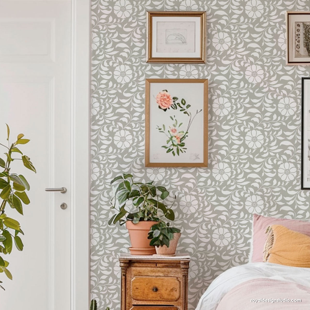Folk Flower Allover Wall Stencil - Reusable DIY Painting Template for Home Decor, Nursery, Bedroom & Living Room Accent Walls