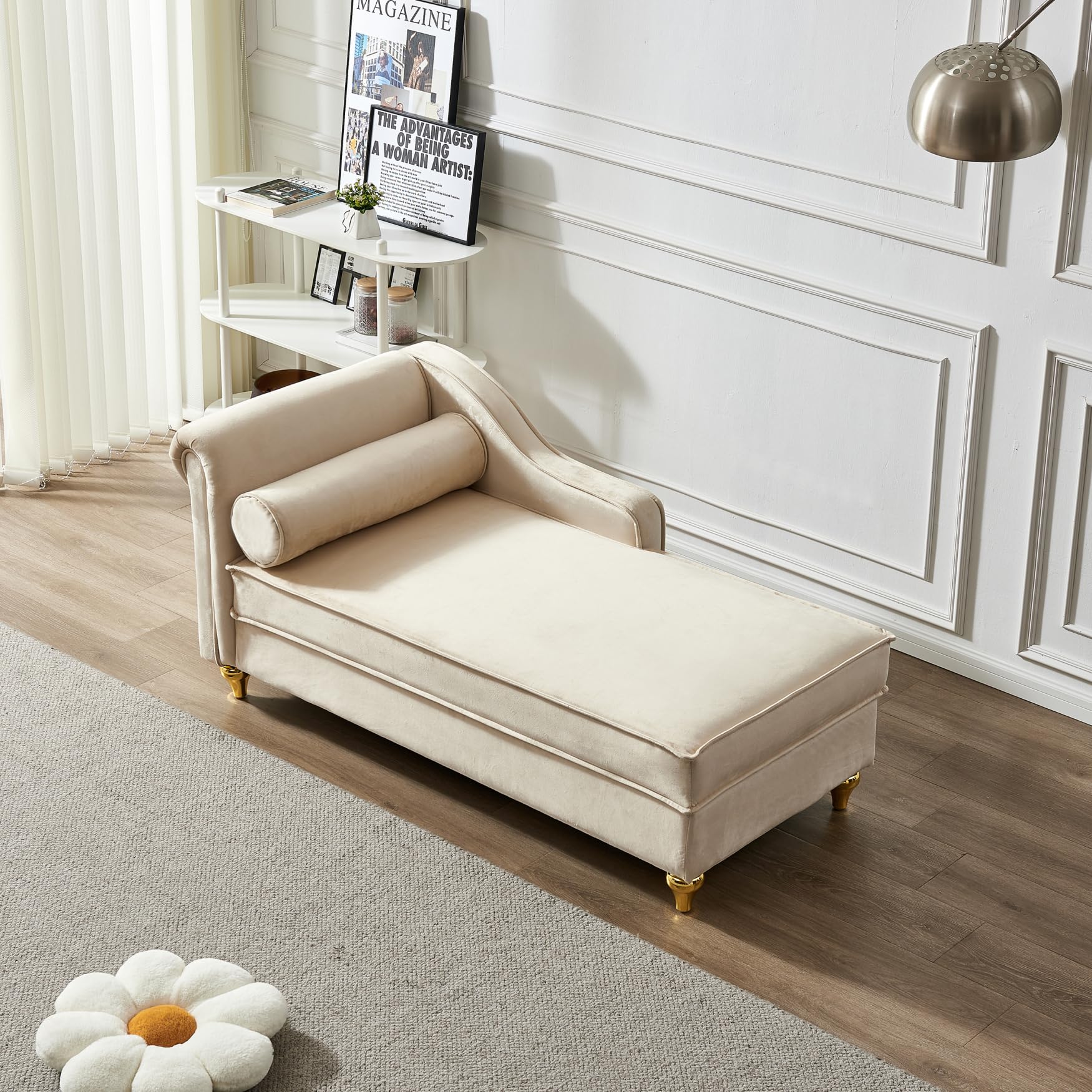 Modern Velvet Upholstered Chaise Lounge Chair with Storage & Bolster Pillow - Retro Metal Legs Sleeper Sofa Recliner for Bedroom, Office & Living Room - Beige | Cozy Reading Nook, Guest Bed & Relaxation Spot