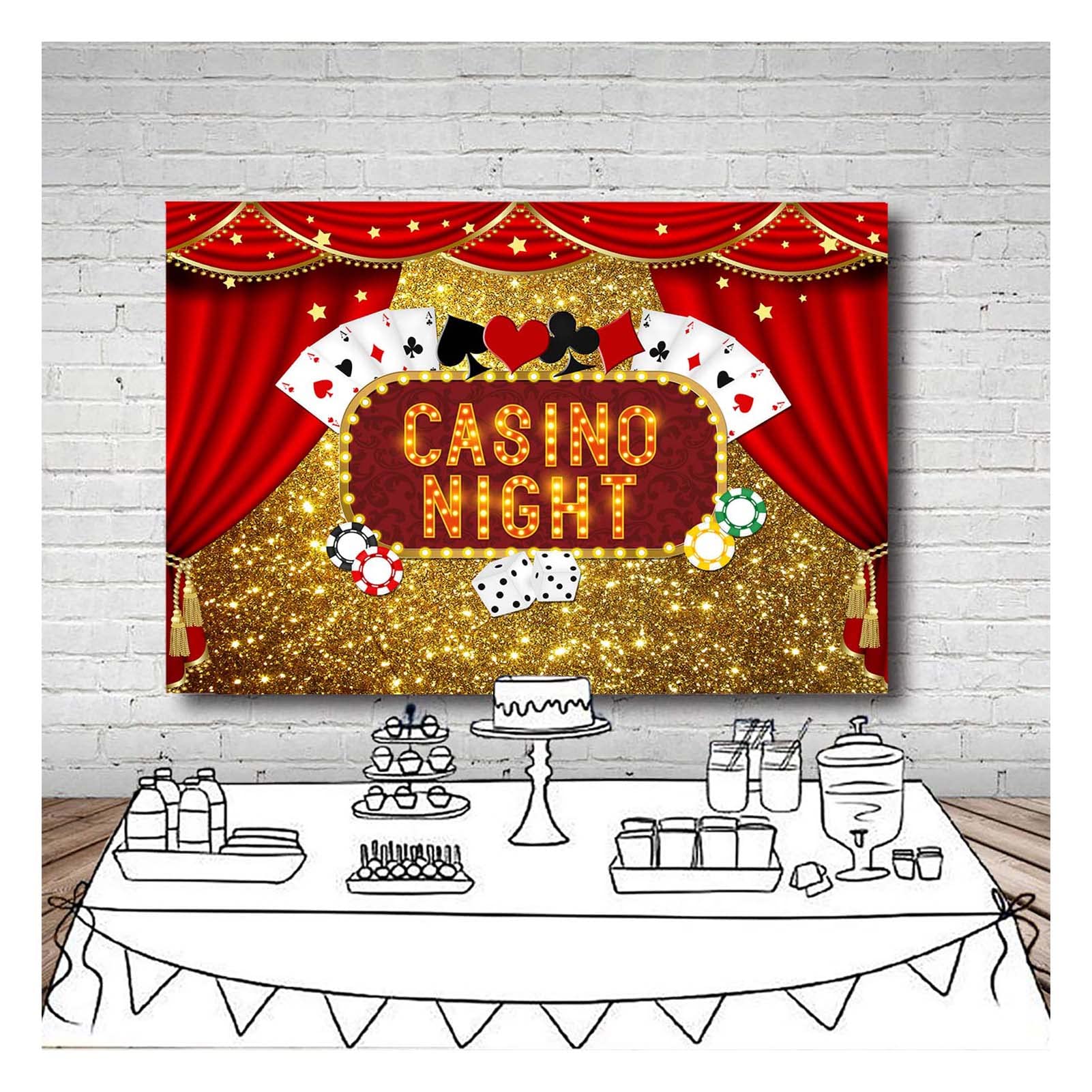 Las Vegas Gold Glitter Bokeh Photography Backdrop 7x5ft - Casino Night Poker Dice Red Curtain Photo Background for Birthday Parties, Prom, Studio Shoots & Dessert Table Decor | Polyester Party Banner & Booth Props