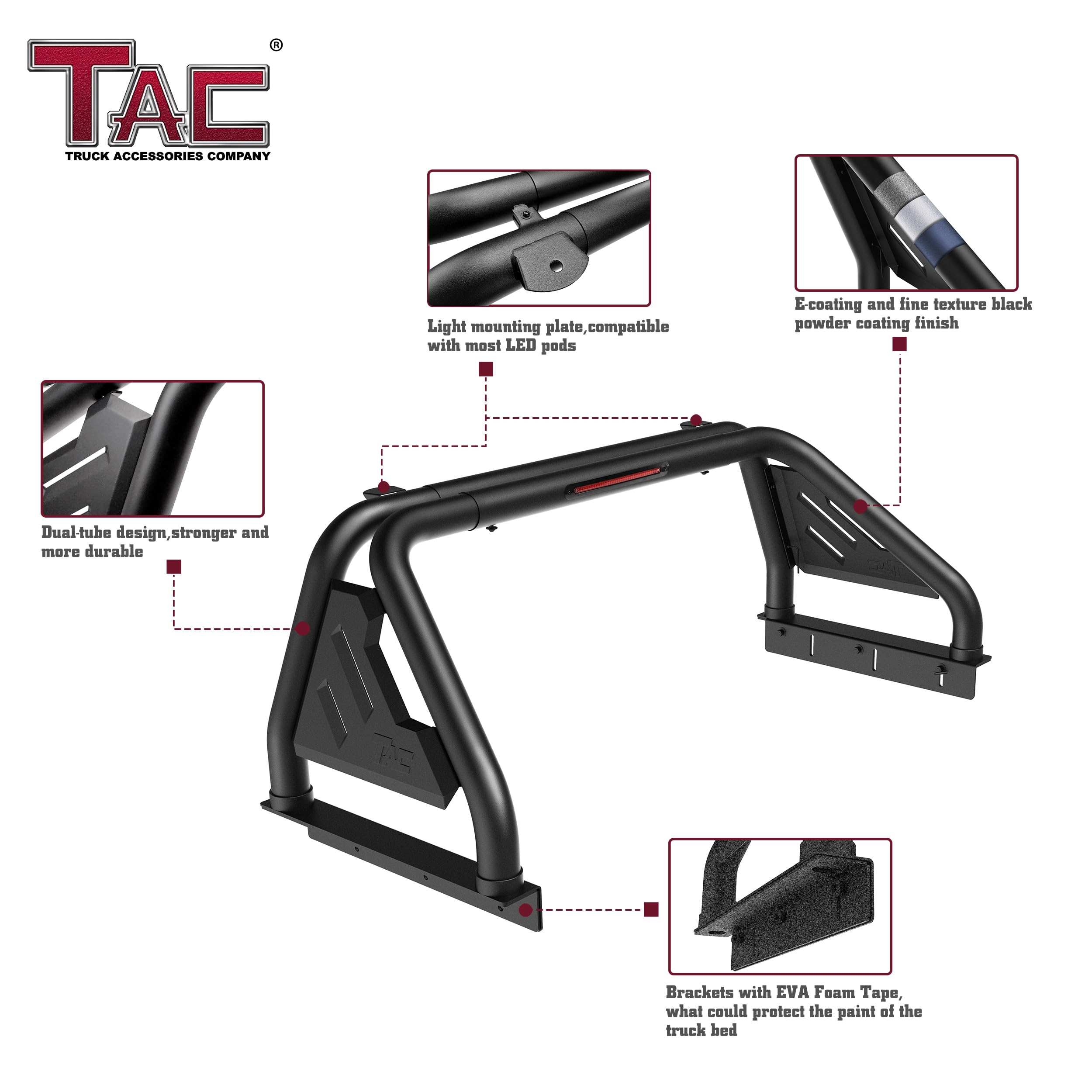TAC T1 Roll Bar Sport Bar for 2002-2024 RAM 1500 & 2003-2024 RAM 2500/3500 Pickup Trucks | Heavy Duty Carbon Steel Construction | Matte Black Finish | Integrated LED Brake Light (Includes Mounting Plate) - Perfect for Off-Roading, Truck Customization & Enhanced Safety