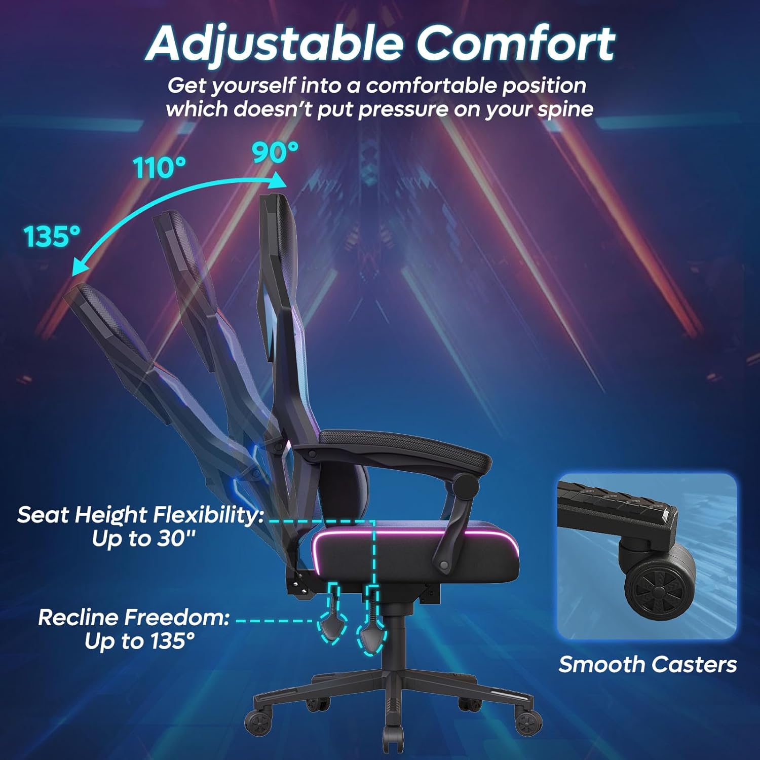 Bestier Ergonomic Gaming Chair with RGB LED Lights - Adjustable Height & Lumbar Support for PC Gamers - Perfect for Esports, Streaming & Home Office Setup