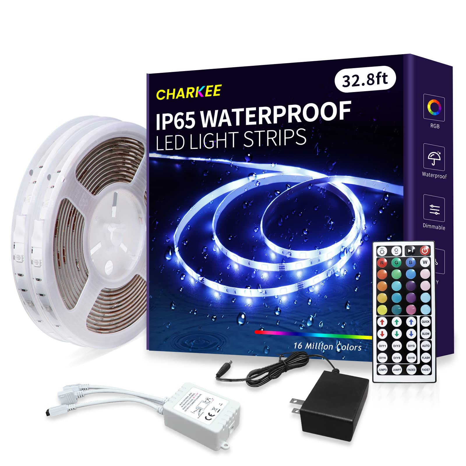 CHARKEE 32.8ft Waterproof Outdoor LED Strip Lights with Remote - RGB Color Changing 12V LED Tape Lights for Bedroom, Patio & Garden Decor (16.4ft x 2 Pack) - Perfect for Parties, Landscape Lighting & Home Ambiance