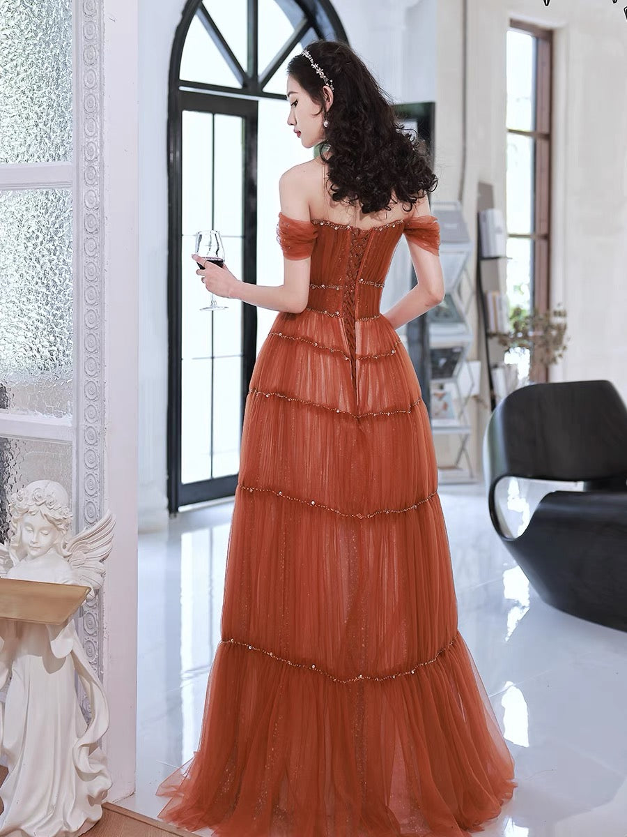 Elegant Off-the-Shoulder Rust Red A-Line Tulle Prom Dress for Homecoming, Birthday Party & Special Occasions - Style J3220 | Formal Evening Gown for Women & Teens