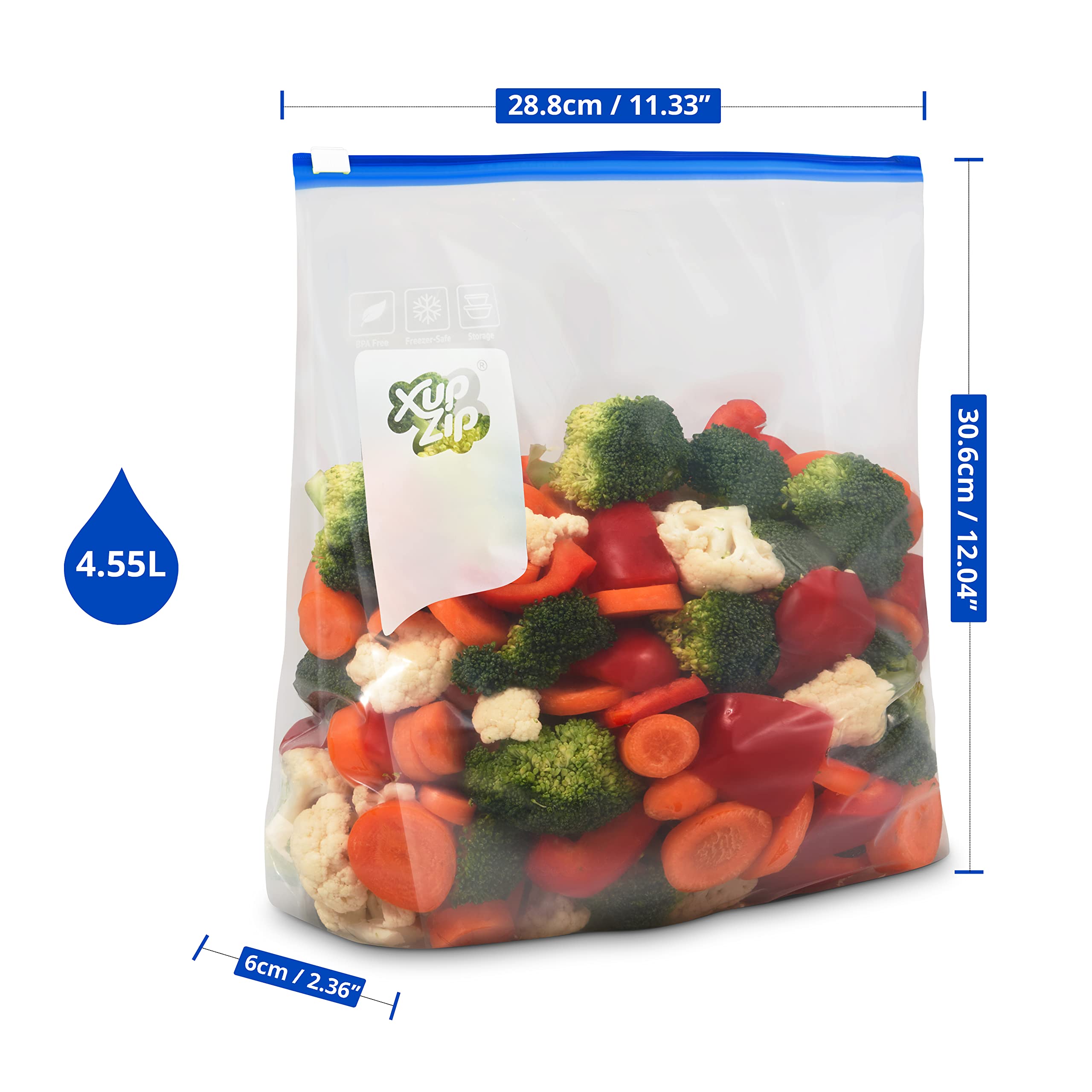 XupZip™ Heavy Duty Freezer Bags with Slider Zipper | Airtight Expandable Bottom Stand & Fill Food Storage Bags | BPA Free Gallon Size (30 Pack, 4.55L) for Meal Prep, Freezing & Organizing
