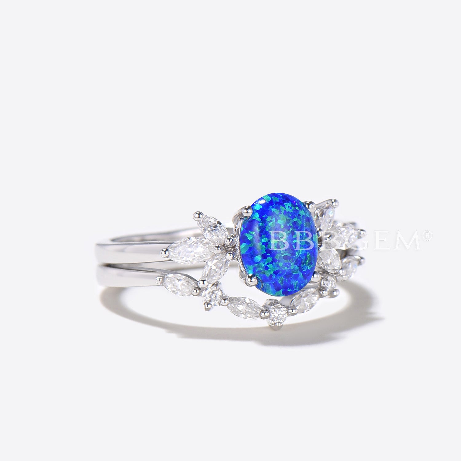 Oval Blue Opal Engagement Ring Set - 7 Stone Diamond Wedding Band for Women - Perfect for Proposals, Anniversaries & Bridal Jewelry