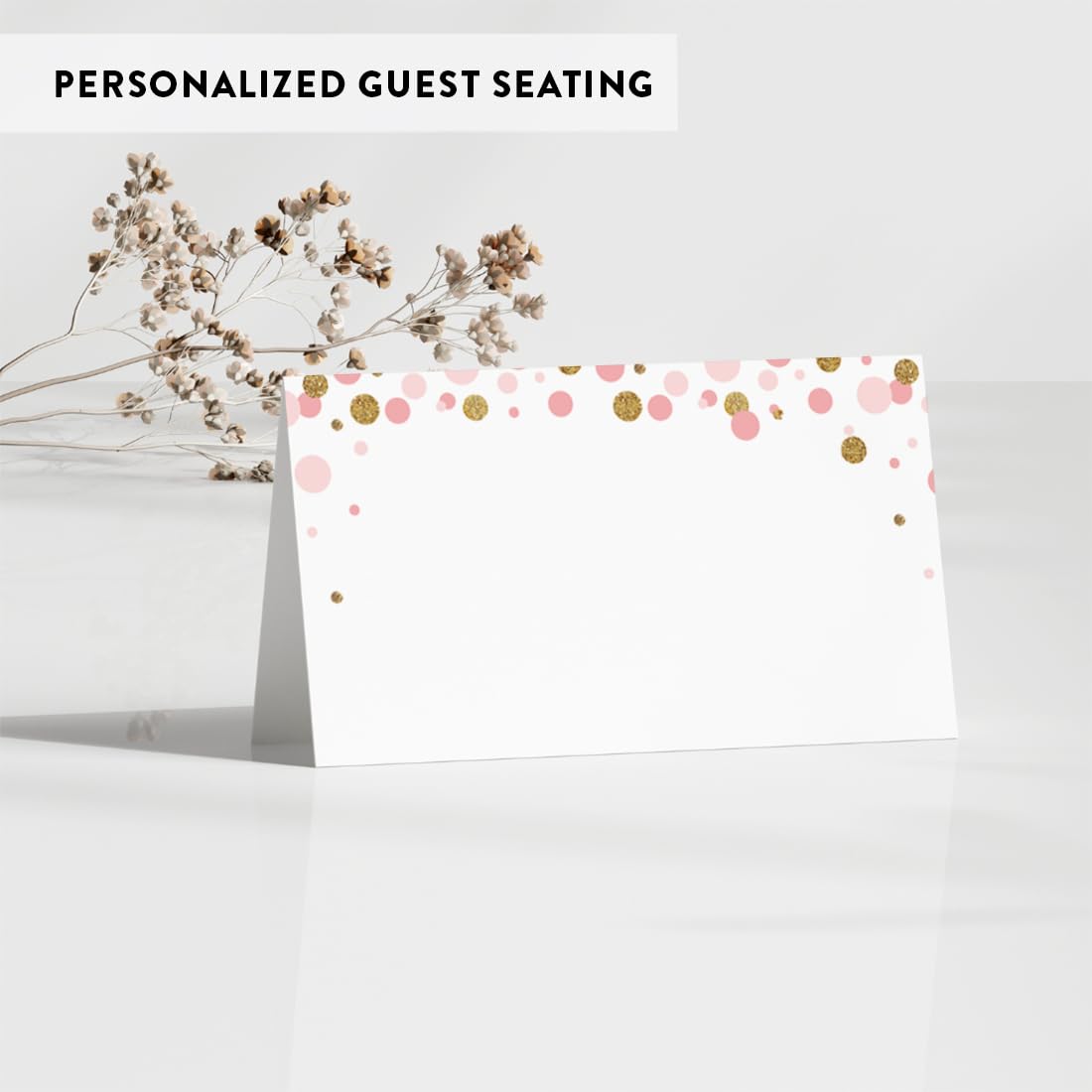 Blush Pink Gold Glitter Printable Table Tent Place Cards - 20-Pack Baby Shower, Wedding & Graduation Name Cards for Table Settings - Perfect for Seating Arrangements, Food Labels & Special Events