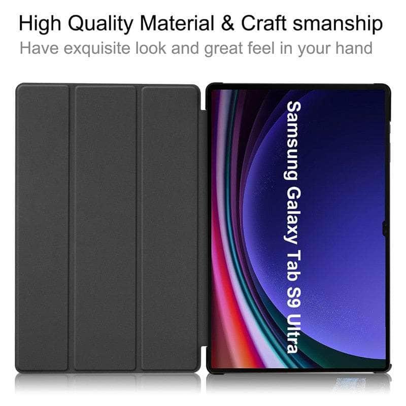 Samsung Galaxy Tab S9 Ultra Trifold Magnetic Leather Stand Case with Kickstand - Perfect for Work, Travel & Home Office Use