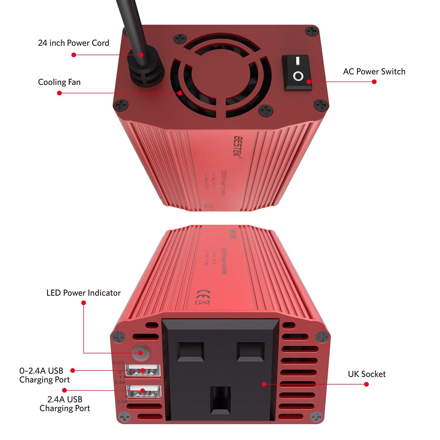 BESTEK 300W Car Power Inverter DC 12V to 230V AC Converter with 2 AC Outlets & 4.8A Dual USB Ports - Ideal for Road Trips, Camping, and Charging Laptops/Devices On The Go