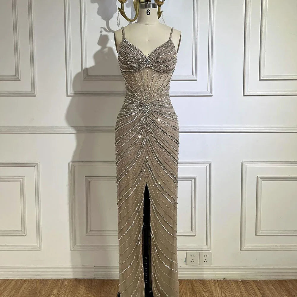 Elegant Dubai Blue Beaded Spaghetti Strap Mermaid Evening Gown with High Slit - Luxury Women's Formal Dress for Weddings, Galas & Red Carpet Events - Perfect for Prom, Cocktail Parties & Special Occasions