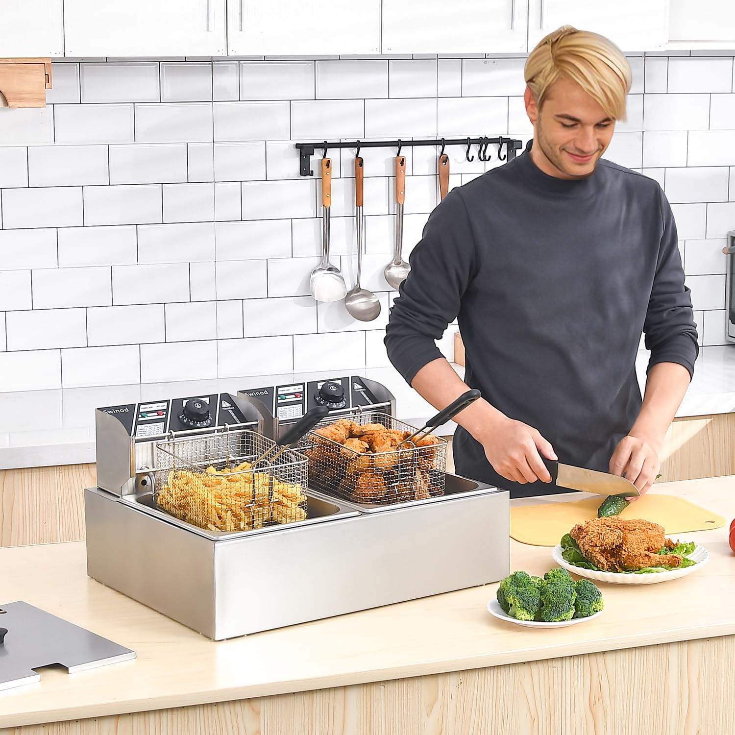 Commercial Deep Fryer with Baskets - 3400W 12.7QT/12L Stainless Steel Electric Oil Fryer with Temperature Control - Perfect for Restaurants, Food Trucks & Home Kitchen Use