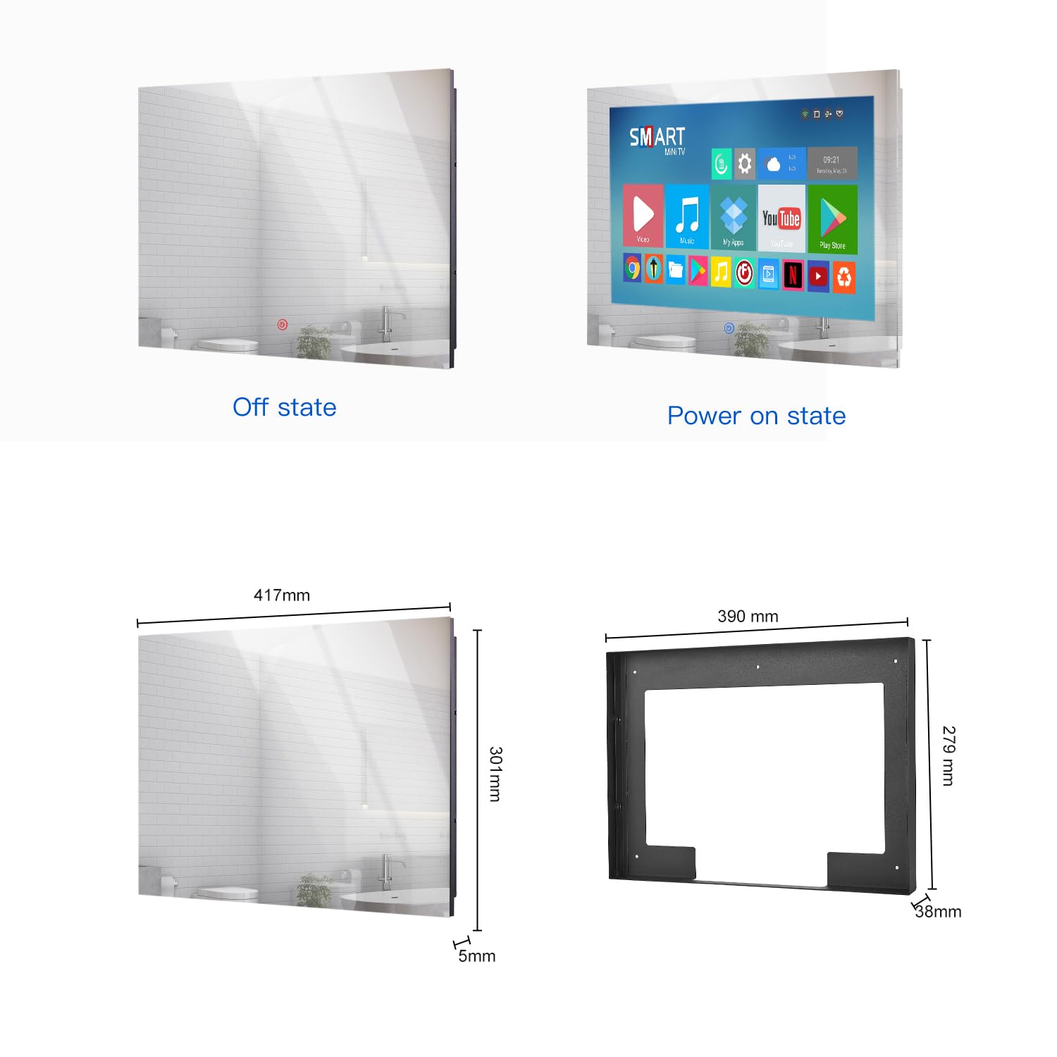 Haocrown 15.6 Inch Waterproof Smart Mirror TV with Touch Screen - Full HD 1080P, Built-in Wi-Fi 2.4/5G & Bluetooth, ATSC Tuner, USB/HDMI, Wall Mountable (8+64GB, HG156BM) - Perfect for Bathroom, Shower & Kitchen Entertainment