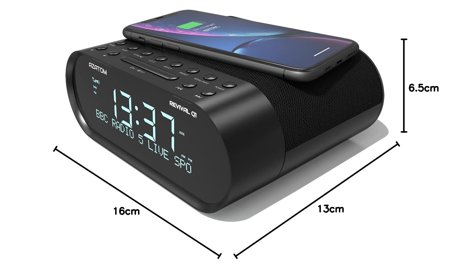 AZATOM Revival Q1 Black DAB+ Digital FM Clock Radio with Bluetooth, Wireless Charging & Dual Alarm - Bedside Alarm Clock with Sleep Timer, USB Port, AUX & Headphone Jack for Home, Office & Travel Use