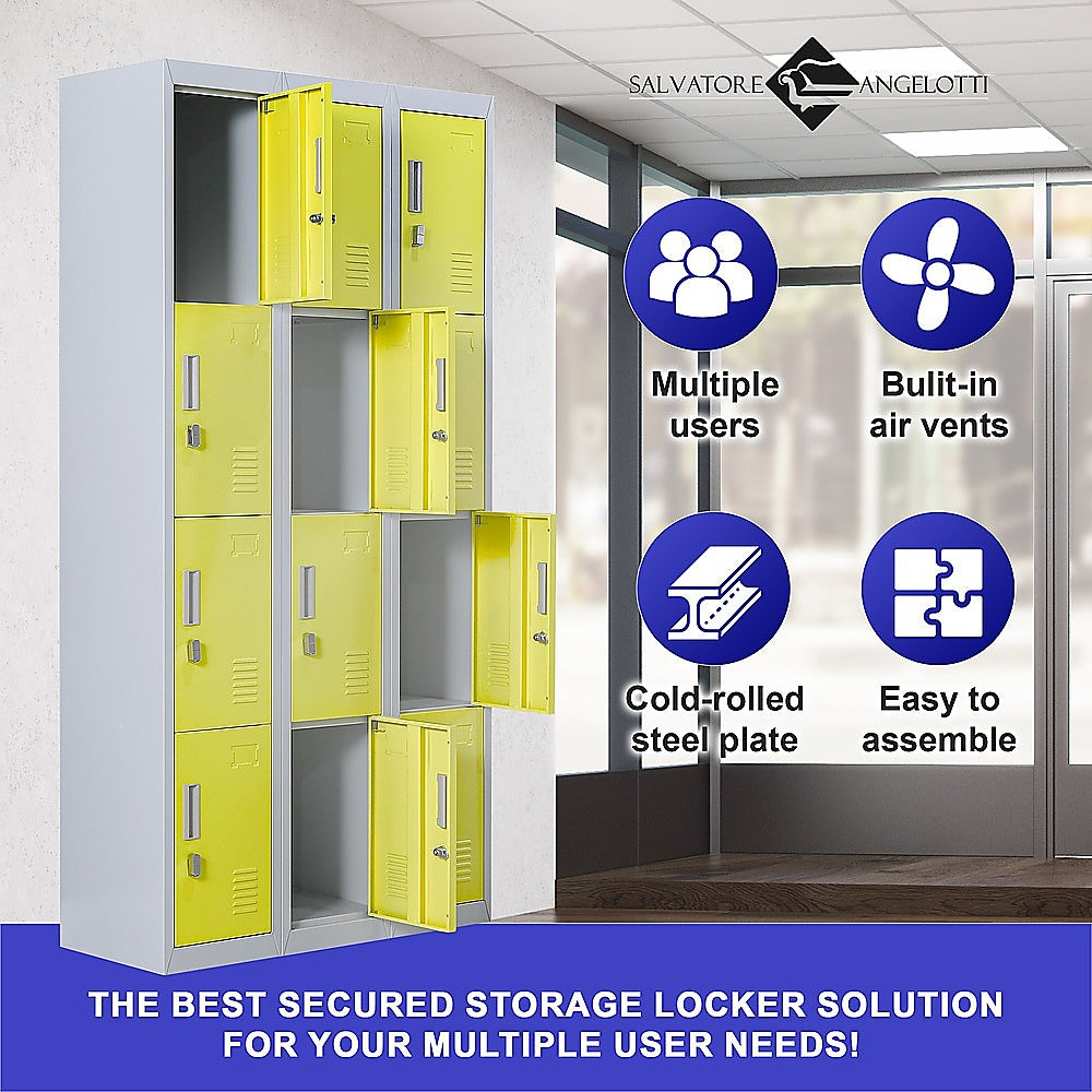 12-Door Locker with Padlock - Heavy Duty Metal Storage Cabinet for Office, Gym, School & Home - Secure Equipment & Personal Belongings Organization (Ideal for Locker Rooms, Employee Storage & Sports Facilities)