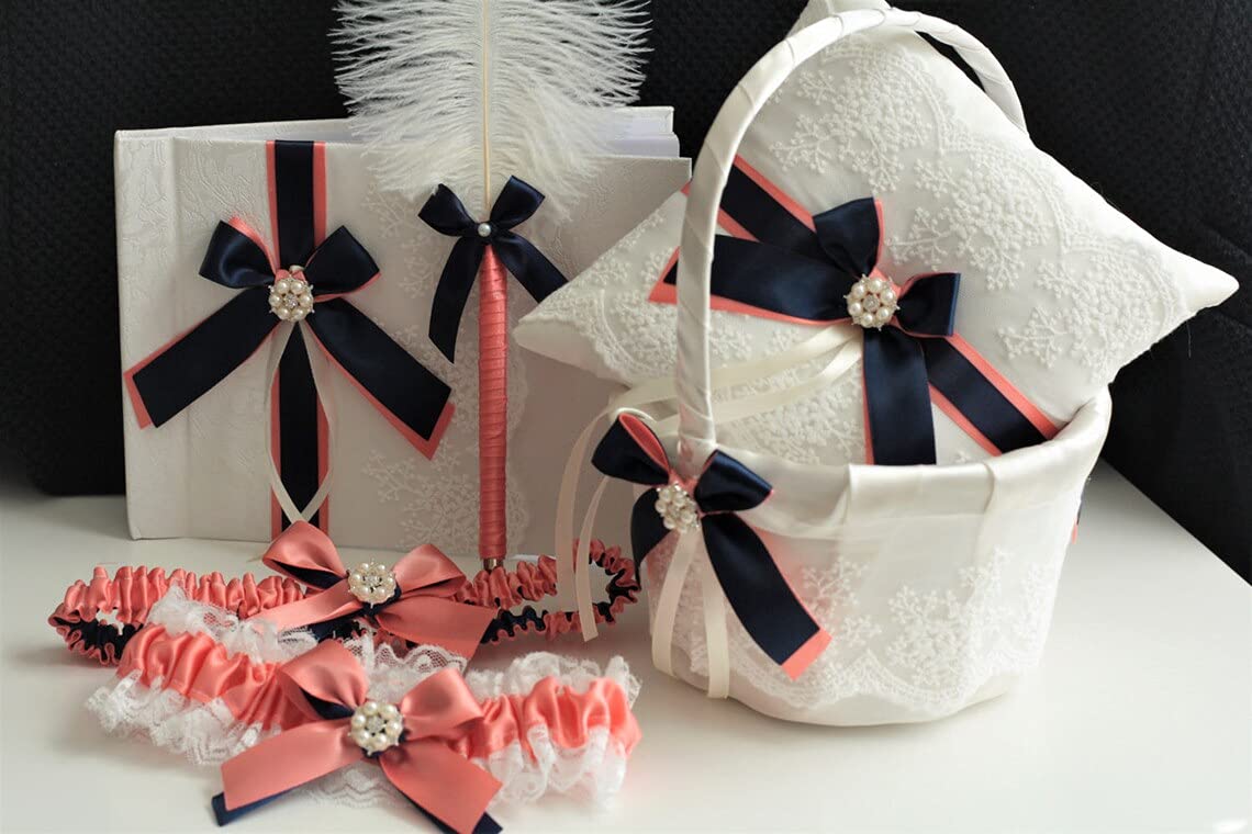 Elegant Coral & Navy Wedding Ring Bearer Pillow Set with Flower Girl Baskets - White (1 Pillow + 2 Baskets) - Perfect for Beach Weddings, Rustic Ceremonies & Boho Nautical Themes