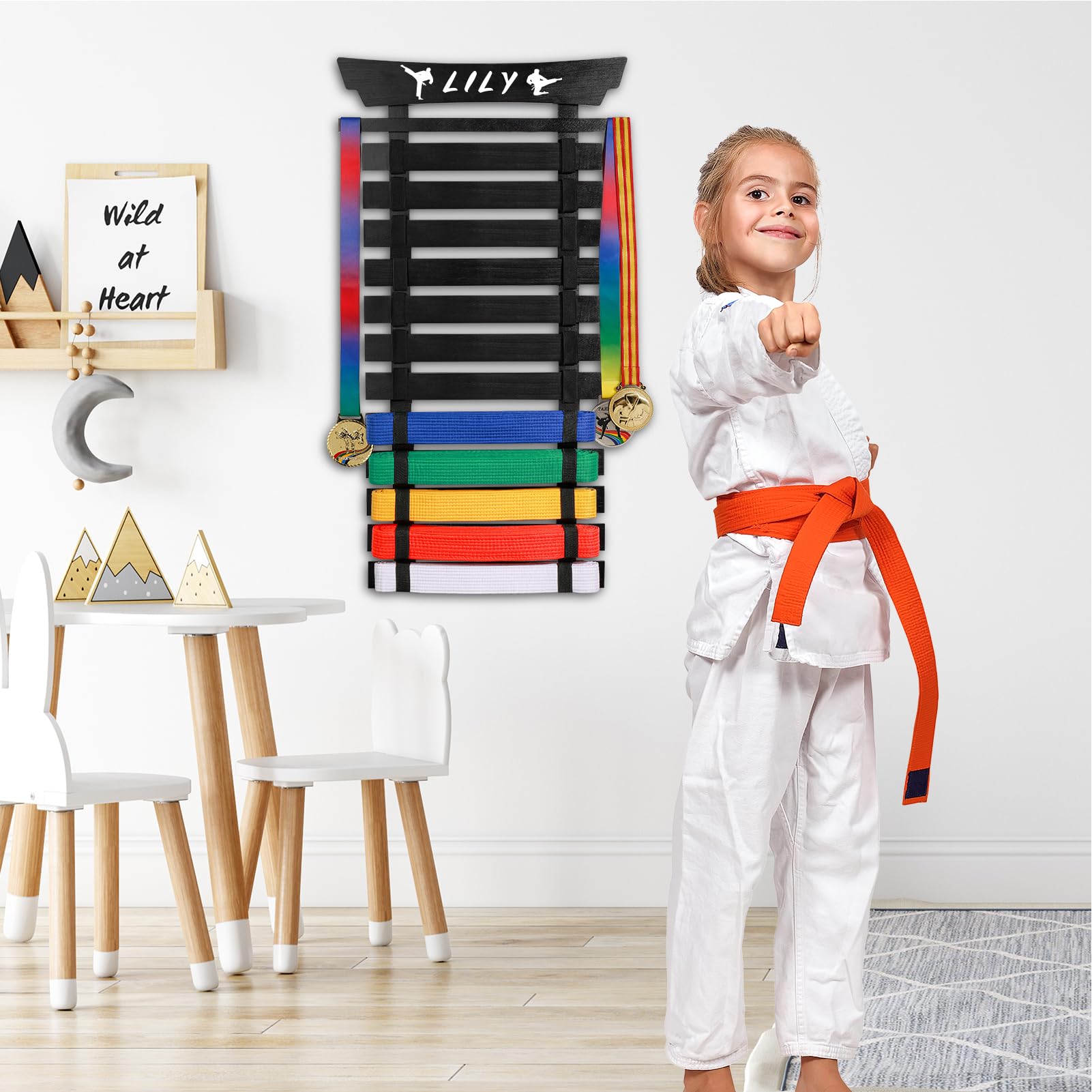 12-Slot Karate Belt Display Rack with Stickers - Martial Arts Belt Holder for Taekwondo, Jiu Jitsu & BJJ Belts - Wall Mounted Organizer for Kids & Adults - Perfect Gift for Dojo, Gym & Home Decor