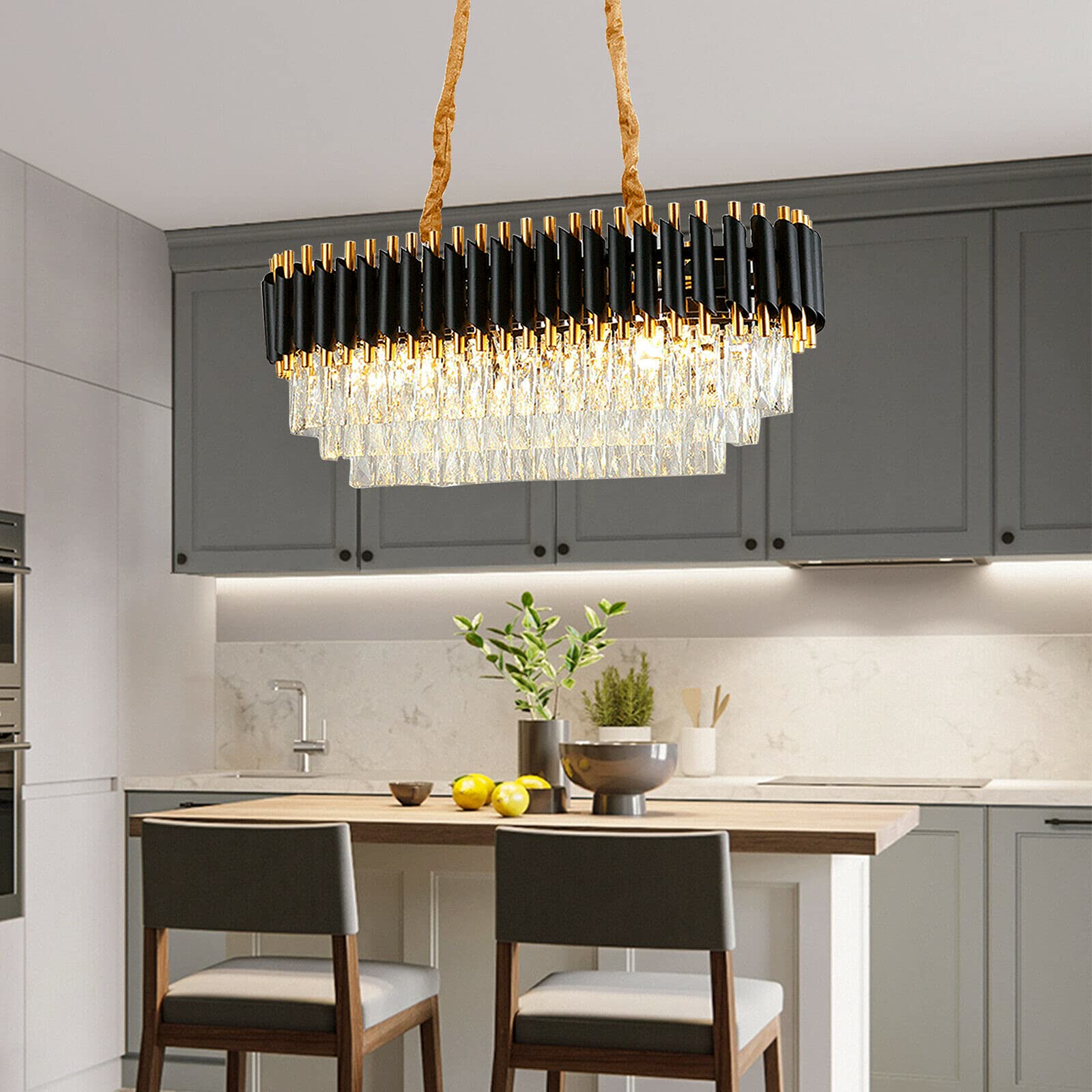 Modern 8-Light Rectangular Crystal Chandelier - E12 Base Chrome Linear Raindrop Hanging Light Fixture - 31.5