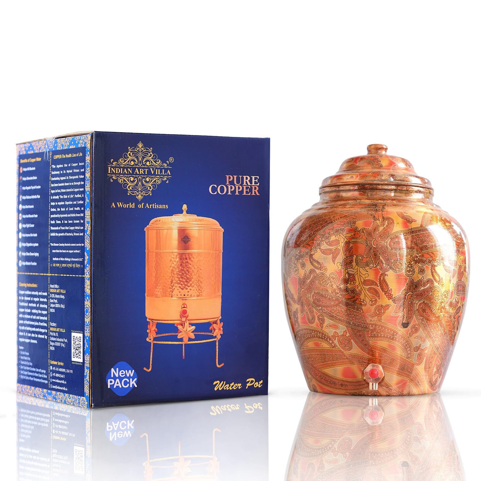 Indian Art Villa Printed Big Paisley Design Pure Copper Water Dispenser with Tap - 440 Oz Leak Proof Water Storage Pot for Home & Office - Perfect for Ayurvedic Water Benefits, Parties, and Daily Hydration