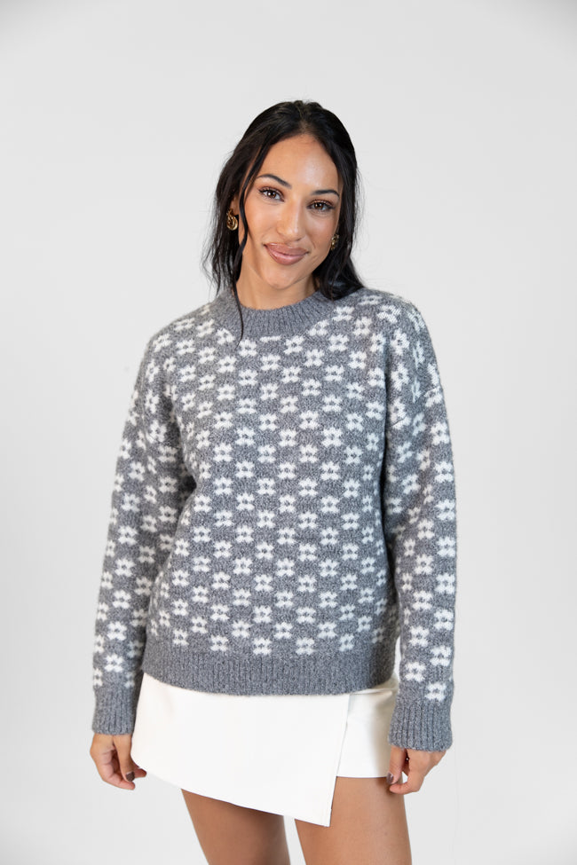 Stylish Grey Floral Print Sweater for Women - Cozy Knit Pullover for Fall & Winter - Perfect for Casual Outings, Office Wear & Date Nights