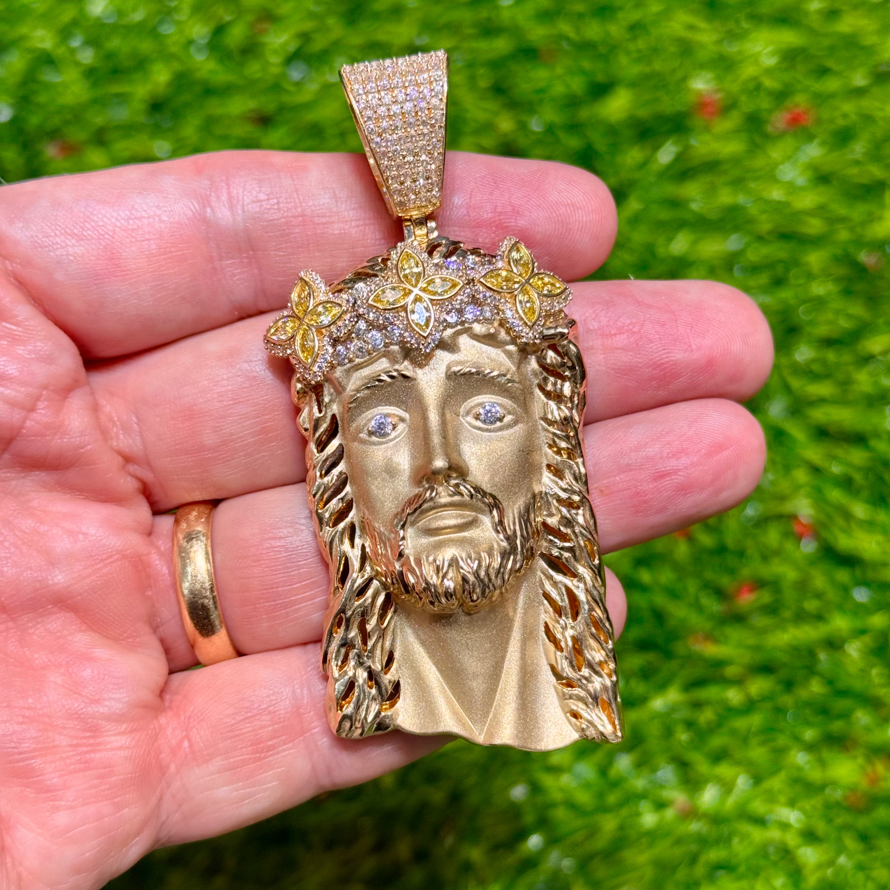 14K Gold Jesus Face Pendant with CZ Crown - 3 Inch XL Size | JTJ™ Religious Jewelry for Men & Women - Perfect for Gifts, Church, and Everyday Wear