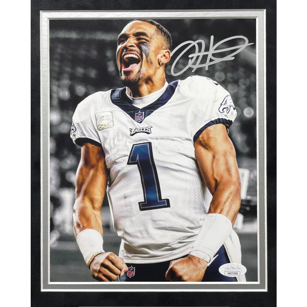 Jalen Hurts Autographed Philadelphia Eagles 8x10 Photo Framed with JSA COA - Signed NFL Memorabilia for Eagles Fans, Man Cave & Sports Collectibles Display