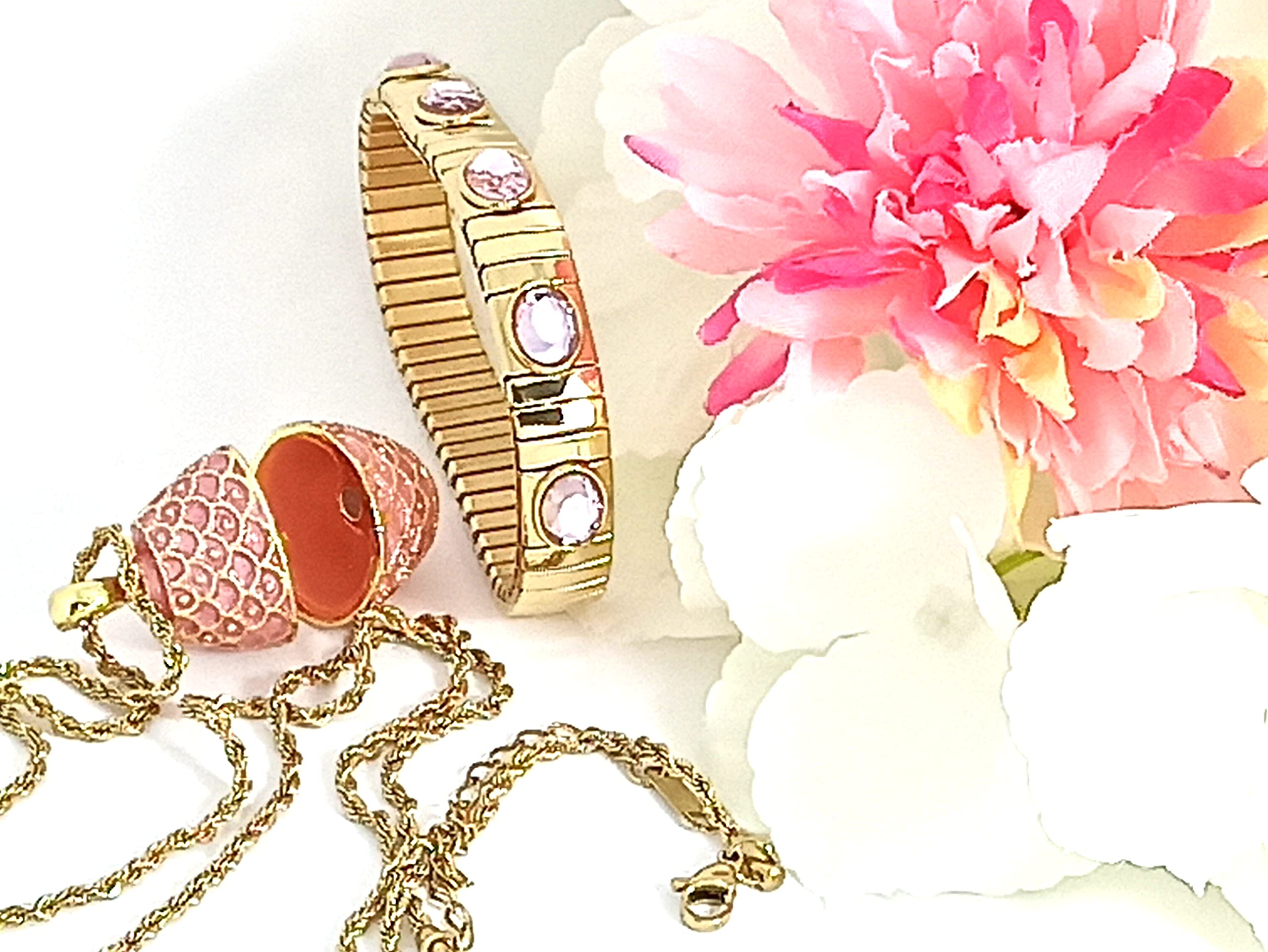 24k Gold Pink Topaz Faberge Egg Pendant Necklace & Bracelet Set - Handmade Russian Jewelry with 23.5