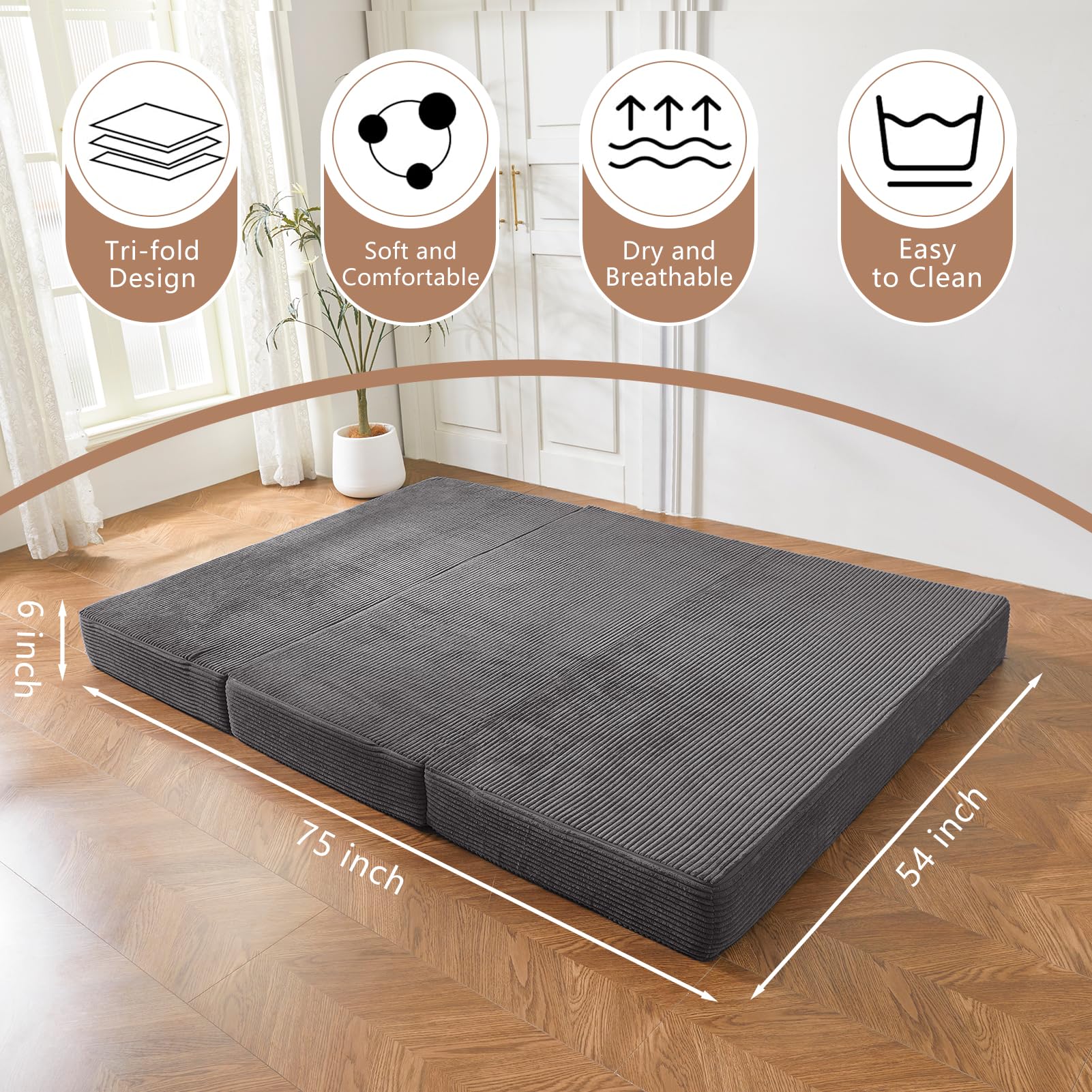 MAXYOYO 6 Inch Corduroy Tri-Folding Gel Memory Foam Mattress Topper - Foldable Guest Bed & Camping Pad in Carbon Grey | Perfect for Spare Rooms, Sleepovers & Outdoor Adventures