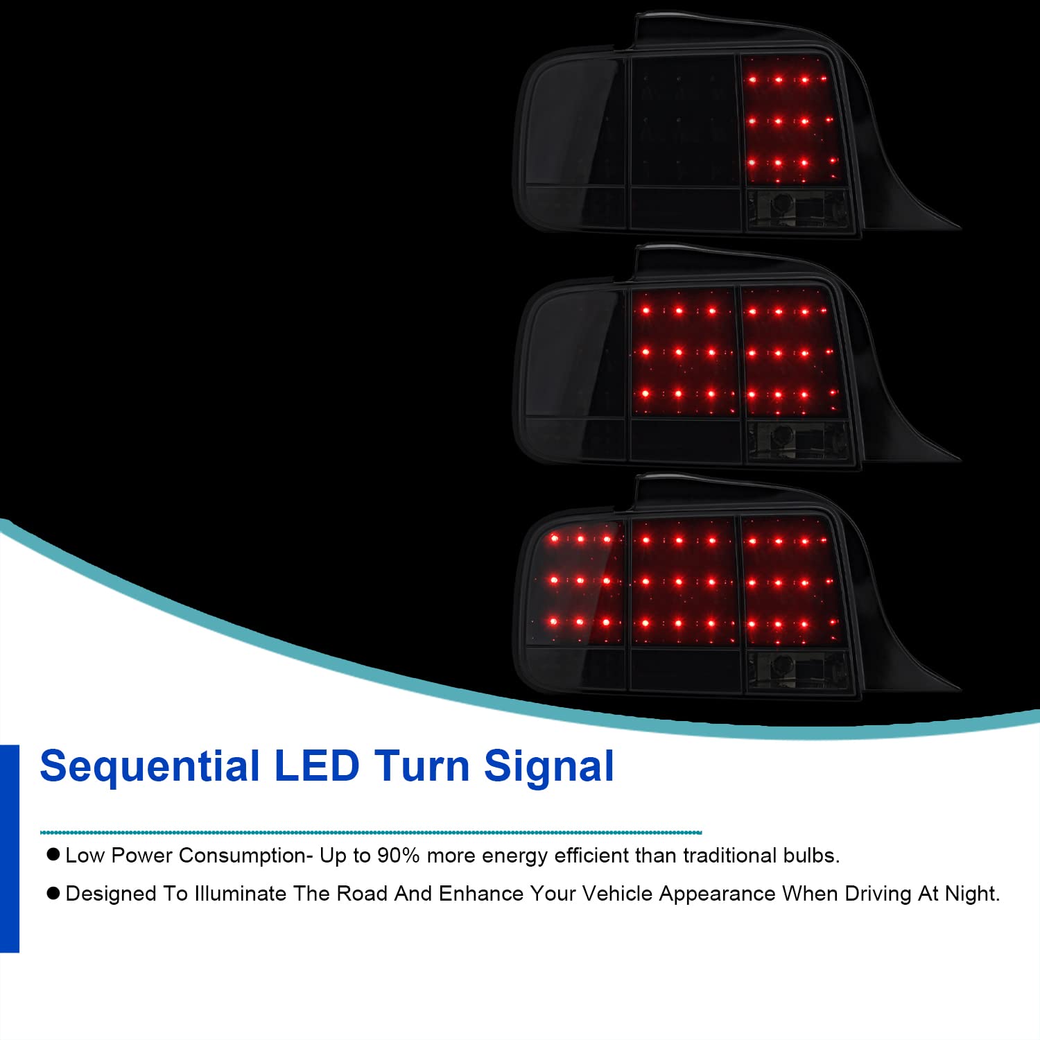 Spec-D Tuning Glossy Black LED Tail Lights with Dark Smoke Lens & Sequential Turn Signals - Compatible with 2005-2009 Ford Mustang (Pair) - Perfect for Night Driving & Car Customization
