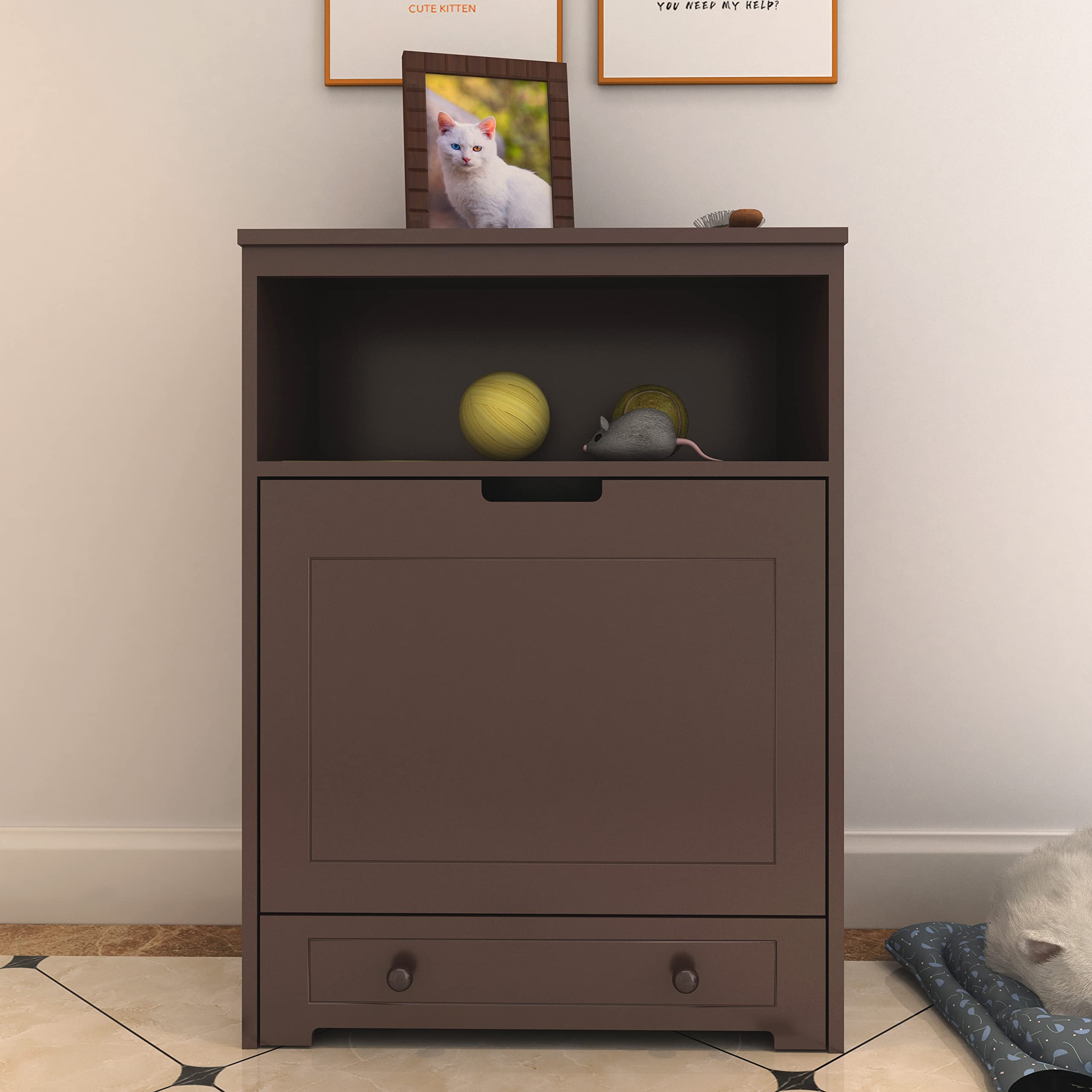 Premium Dog Food Storage Cabinet with 2 Stainless Steel Bowls - Pet Feeding Station & Toy Organizer for Dogs and Cats - Space-Saving Brown Furniture for Kitchen or Laundry Room