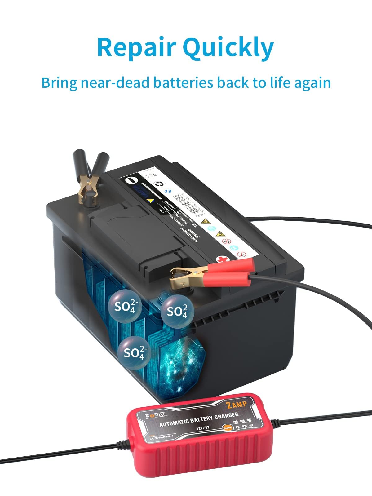 FOVAL 2-Amp 6V/12V Car Battery Charger & Maintainer - 2 Pack Portable Automatic Smart Charger for Cars, Motorcycles, Boats, Lawn Mowers - Trickle Charger & Battery Desulfator for Lead Acid Batteries | Perfect for Winter Storage & Seasonal Vehicle Maintenance