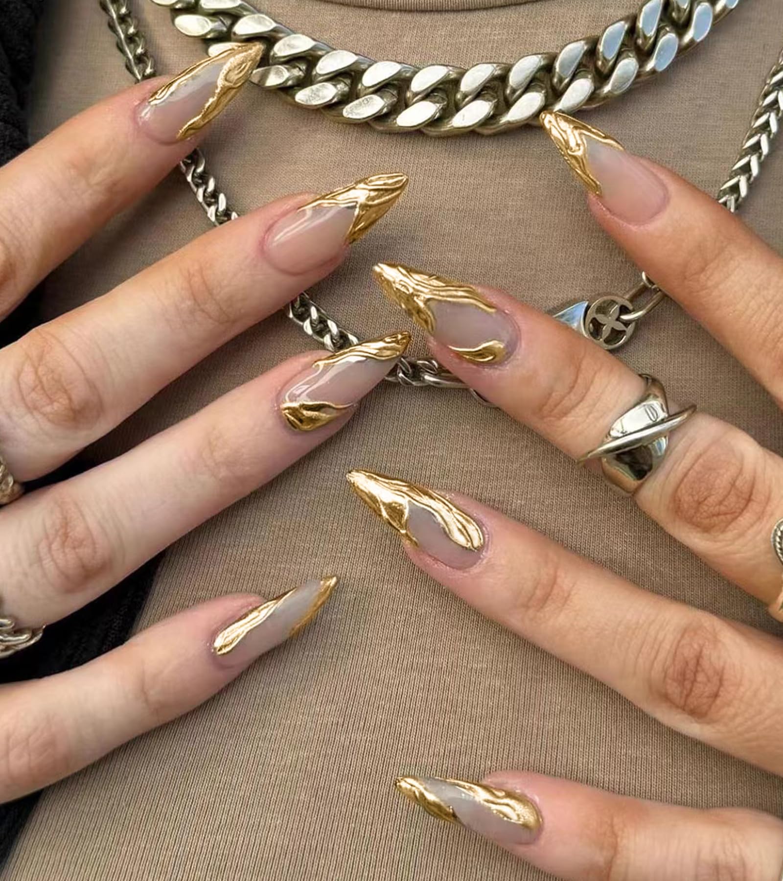 Kikmoya Press on Nails Almond Medium - 3D Gold French Tip False Nails with Charm Designs, Reusable Acrylic Fake Nails, Full Cover Glossy Stick on Nails for Women (24 Pcs in 12 Sizes) - Perfect for Parties, Weddings, Date Nights & Everyday Glam