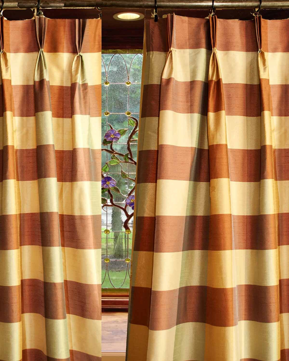 Gold & Copper Buffalo Check Faux Silk Pinch Pleated Blackout Curtain Panel - 52x120 Inches, Thermal Insulated Lined Window Drapes for Bedroom & Living Room - Elegant Farmhouse Style Home Decor