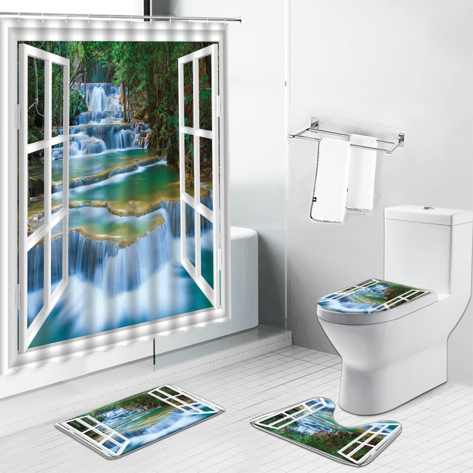 Forest Waterfall 3D Shower Curtain & Non-Slip Bath Mat Set - Natural Scenery Bathroom Decor, Waterproof Toilet Cover & Luxury Floor Rug - Perfect for Spa-Like Bathroom Retreats & Home Relaxation