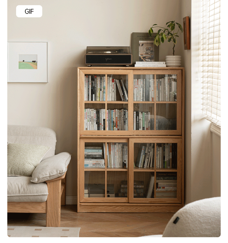 Solid Oak Wood Bookcase - Floor to Ceiling, Modular Sliding Door Design for Home Office, Living Room & Library Storage