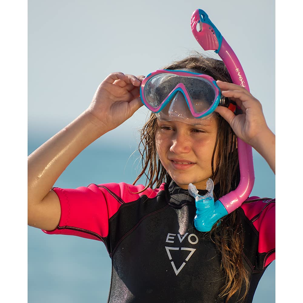 EVO One Dry Snorkel for Kids - Comfortable Snorkeling Gear with Splash Guard & Lower Purge Valve | Perfect for Swimming, Beach Vacations & Underwater Adventures | Safe & Easy Breathing for Children Ages 6-12