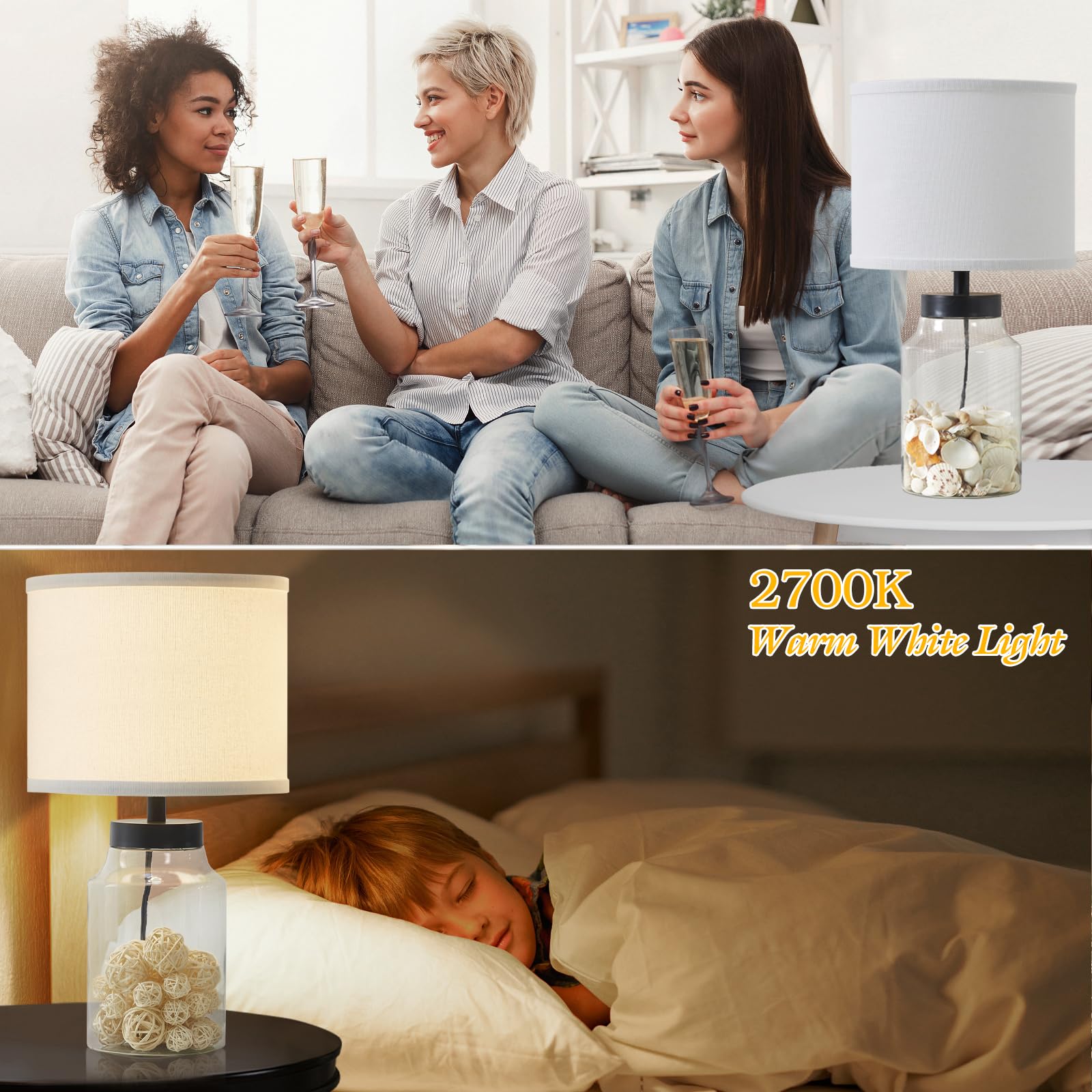 GyroVu Fillable Glass Table Lamp with White Lampshade - Modern Decorative Lighting for Living Room, Bedroom & Office - Includes Bulb - Perfect for Nightstands, Desks and Home Decor (White)