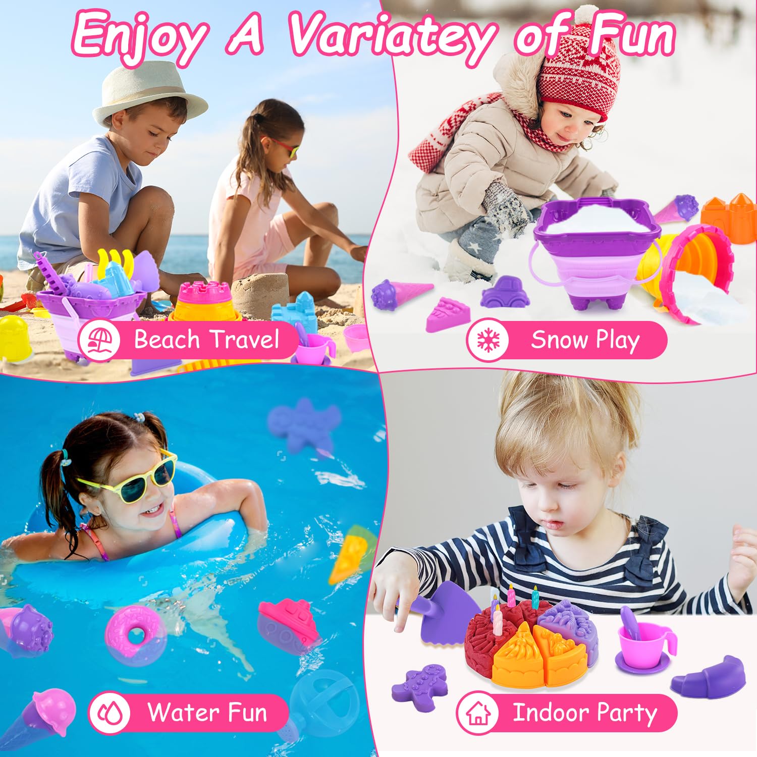 50Pcs Beach Sand Toys Set with 2 Collapsible Buckets, Mesh Backpack, Shovels & Sand Molds (Castle, Ice Cream, Cake) - Outdoor Travel Sandbox Toys for Kids Toddlers Girls - Perfect for Beach Trips, Backyard Play & Summer Activities