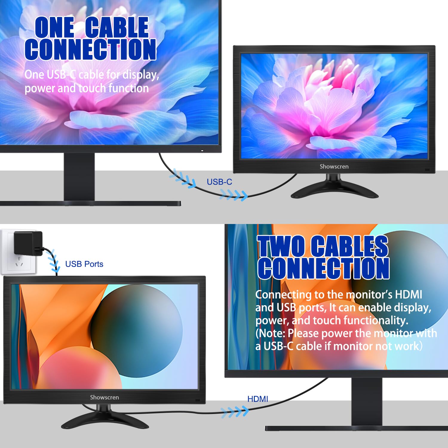 14 Inch Portable Touchscreen Monitor - FHD 1080P HDR Display, 100% sRGB, HDMI/USB-C Connectivity, Built-in Speakers & Adjustable Stand | Perfect for Remote Work, Gaming, and Mobile Office with PC/Laptop/Smartphone