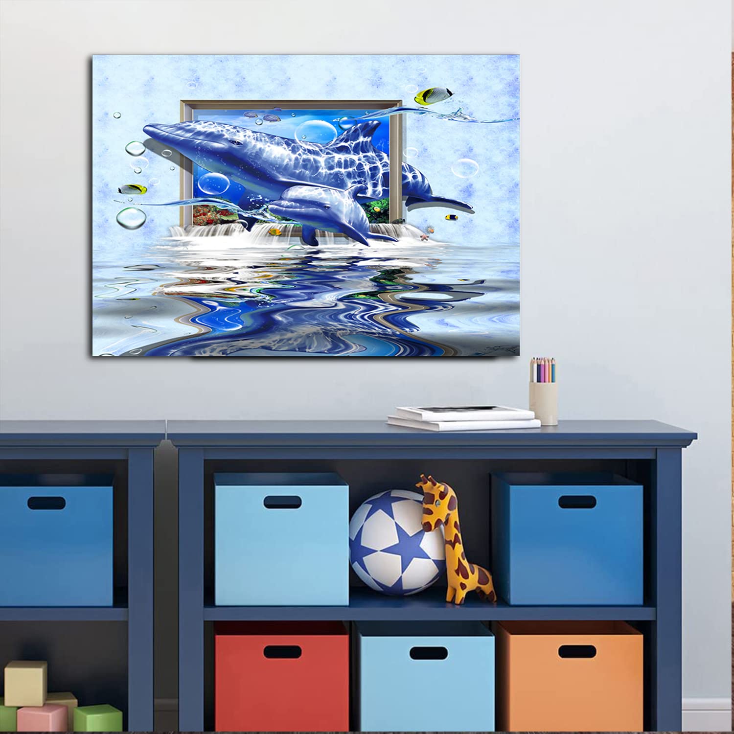 Dolphin Canvas Wall Art - Framed Jumping Dolphin Painting for Home, Office & Bedroom Decor - Ready to Hang - Perfect for Coastal, Nautical & Ocean Theme Rooms