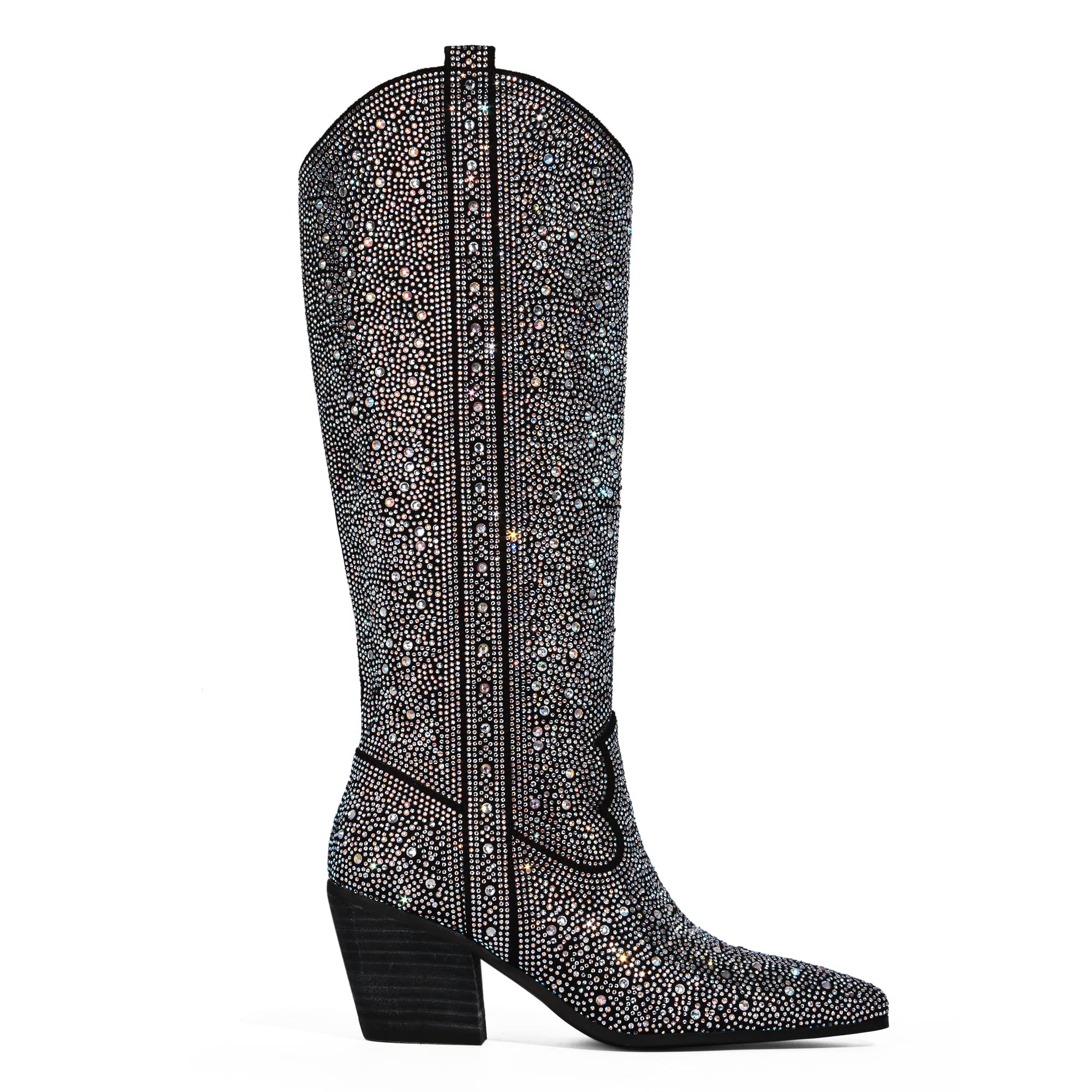 MUCCCUTE Women's Rhinestone Sparkly Cowboy Boots - Mid Calf Glitter Boots with Block Heel for Western Fashion, Party & Night Out