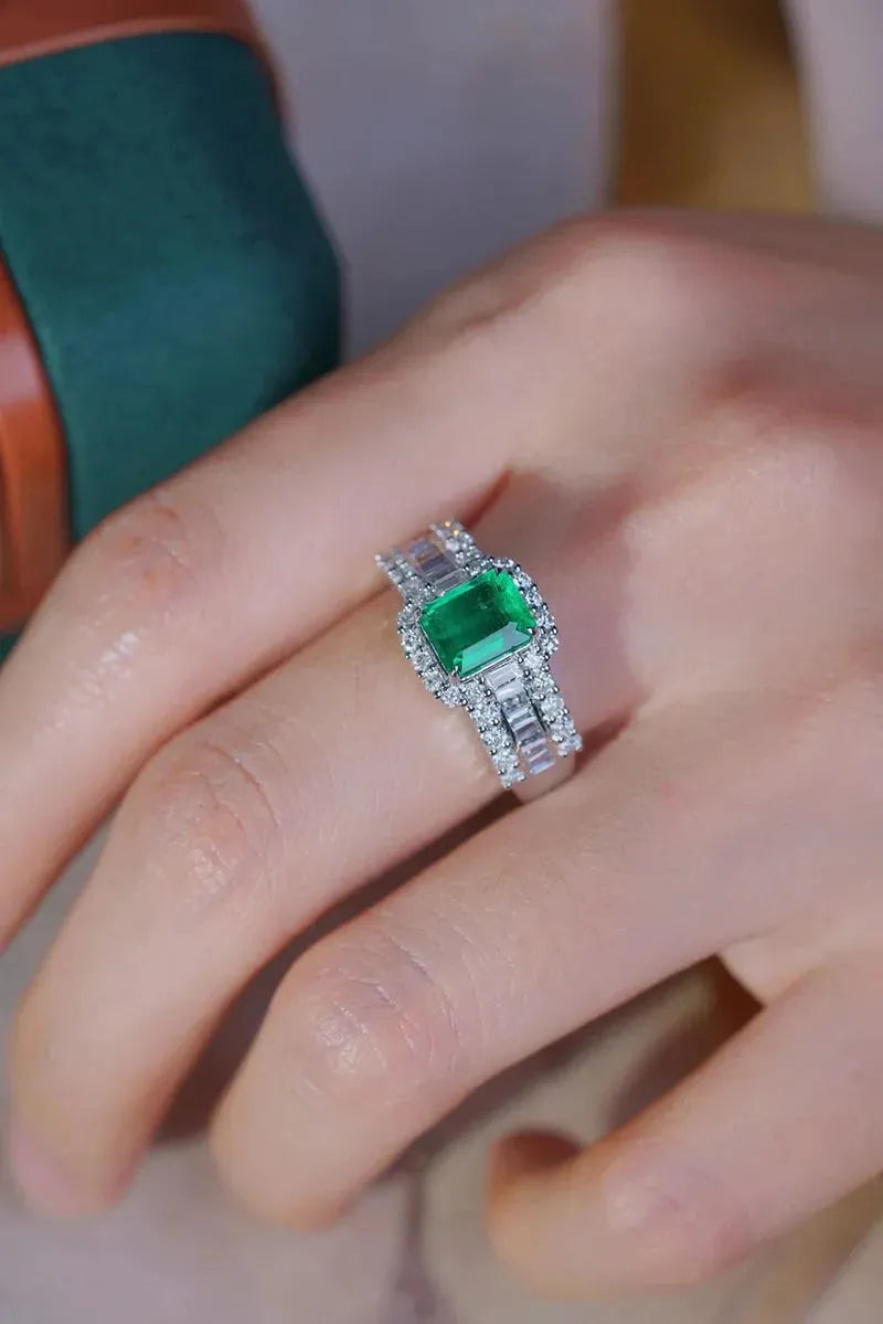 18K White Gold Diamond & Emerald Ring for Women | Luxury Shiny Design | 100% Real Natural Gemstones | Perfect for Parties, Weddings & Special Occasions