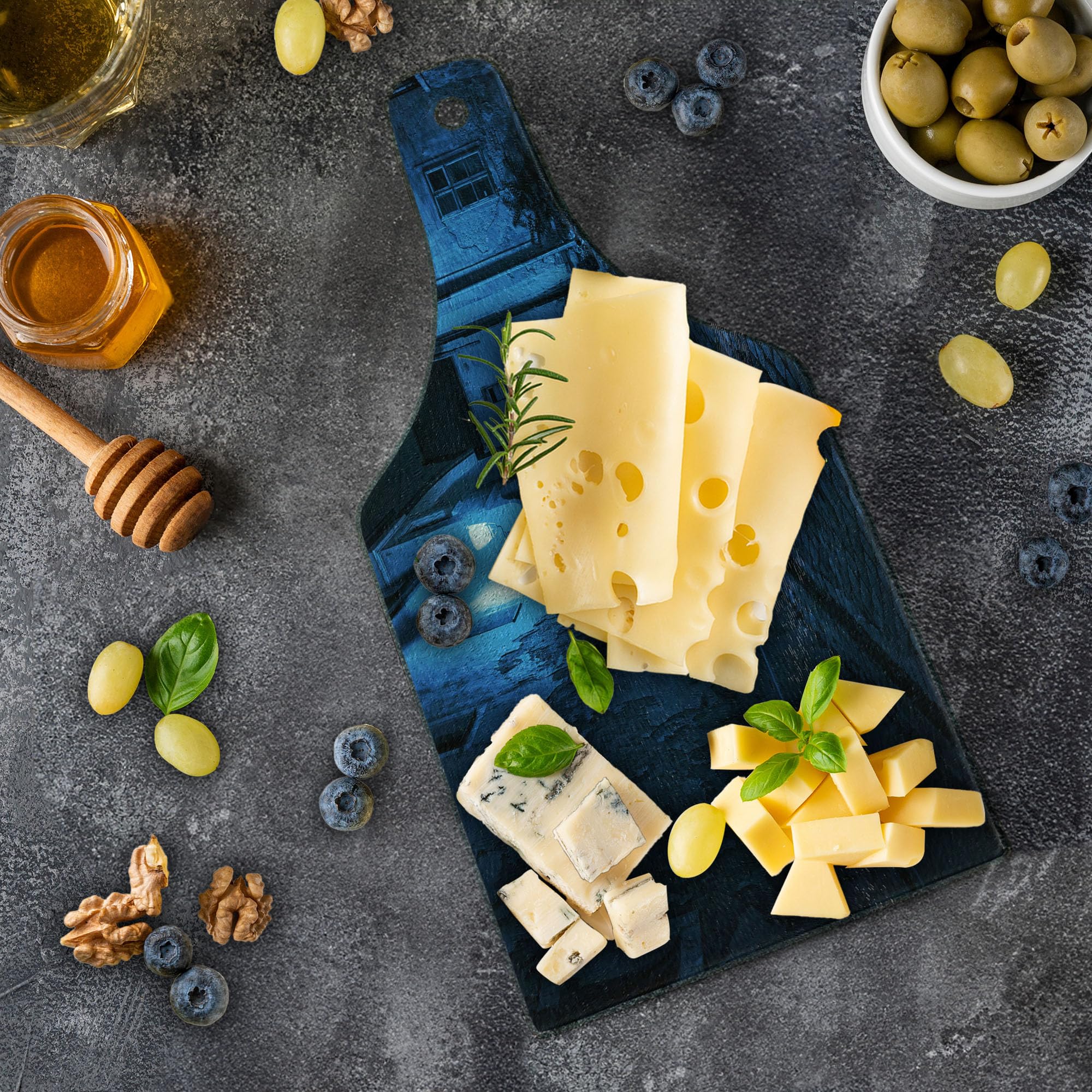 Ambesonne Urban Themed Cutting Board - Black Cat in Deserted European Alley Night Scene, Tempered Glass Serving Board for Kitchen & Entertaining, Wine Bottle Shape in Blue, Black & White - Perfect for Cheese Platters, Charcuterie & Wine Pairings