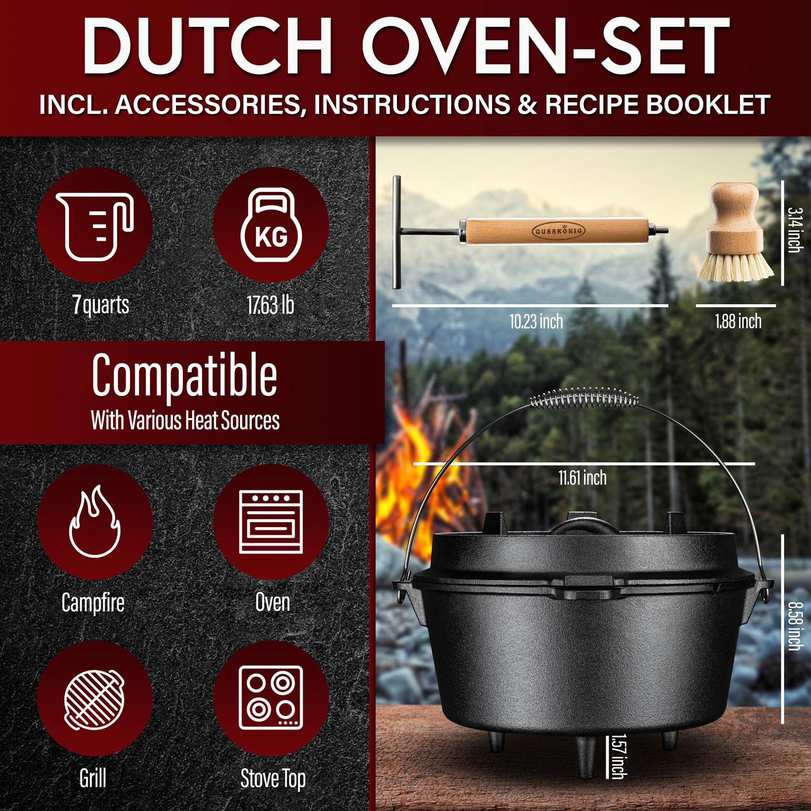 7 Quart Pre-Seasoned Cast Iron Dutch Oven with Lid - Perfect for Bread Baking, Stews & Campfire Cooking - Includes 2-in-1 Lid Lifter, Cleaning Brush & Recipe Book - Ideal for Family Dinners (3-5 People) & Outdoor Adventures