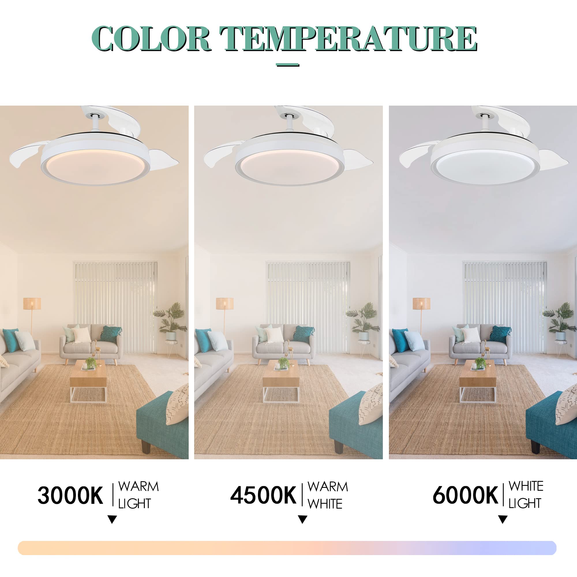 42 Inch Retractable Ceiling Fan with LED Lights & Remote Control - Modern Smart Fan with Adjustable Blades, 6 Speed DC Motor, 3 Color Temperatures & Timer - Perfect for Bedroom, Living Room & Office