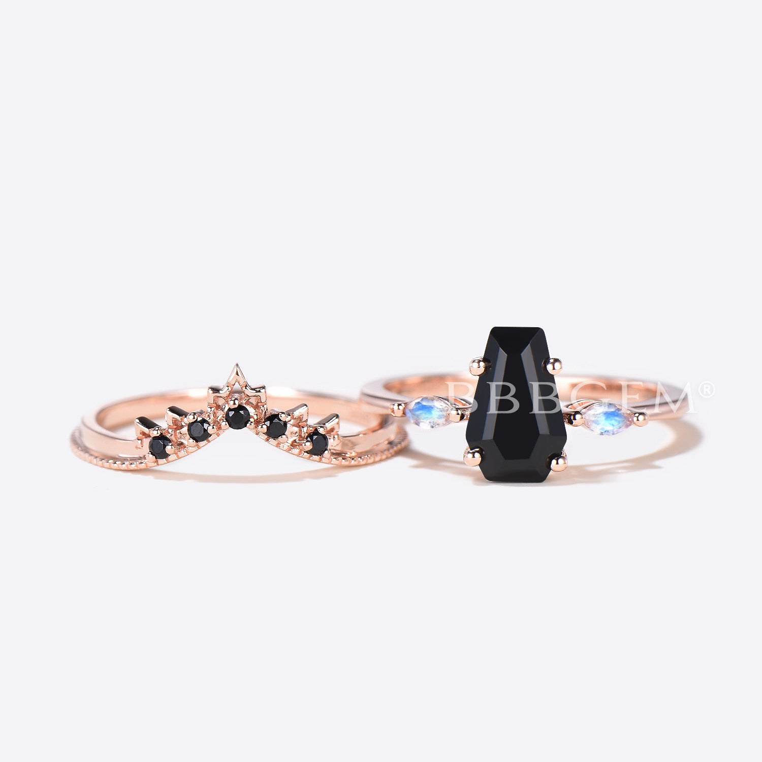 Natural Black Onyx Wedding Ring Set - Gothic Vintage Coffin Style Band for Men & Women - Perfect for Gothic Weddings, Dark Romance, and Alternative Fashion