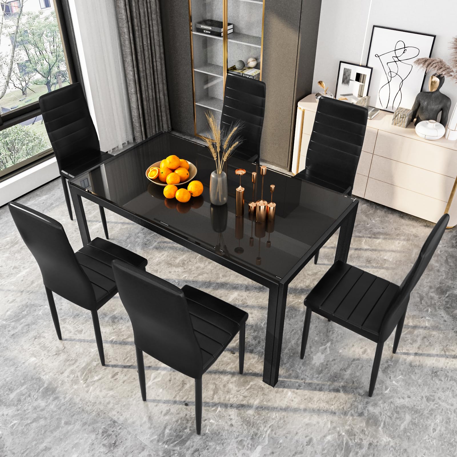DKLGG 7-Piece Modern Glass Dining Table Set for 6 with PU Leather Chairs - Space Saving Kitchen Table for Small Spaces, Dinette, Apartment - Black | Perfect for Family Dinners, Entertaining Guests & Compact Living Areas