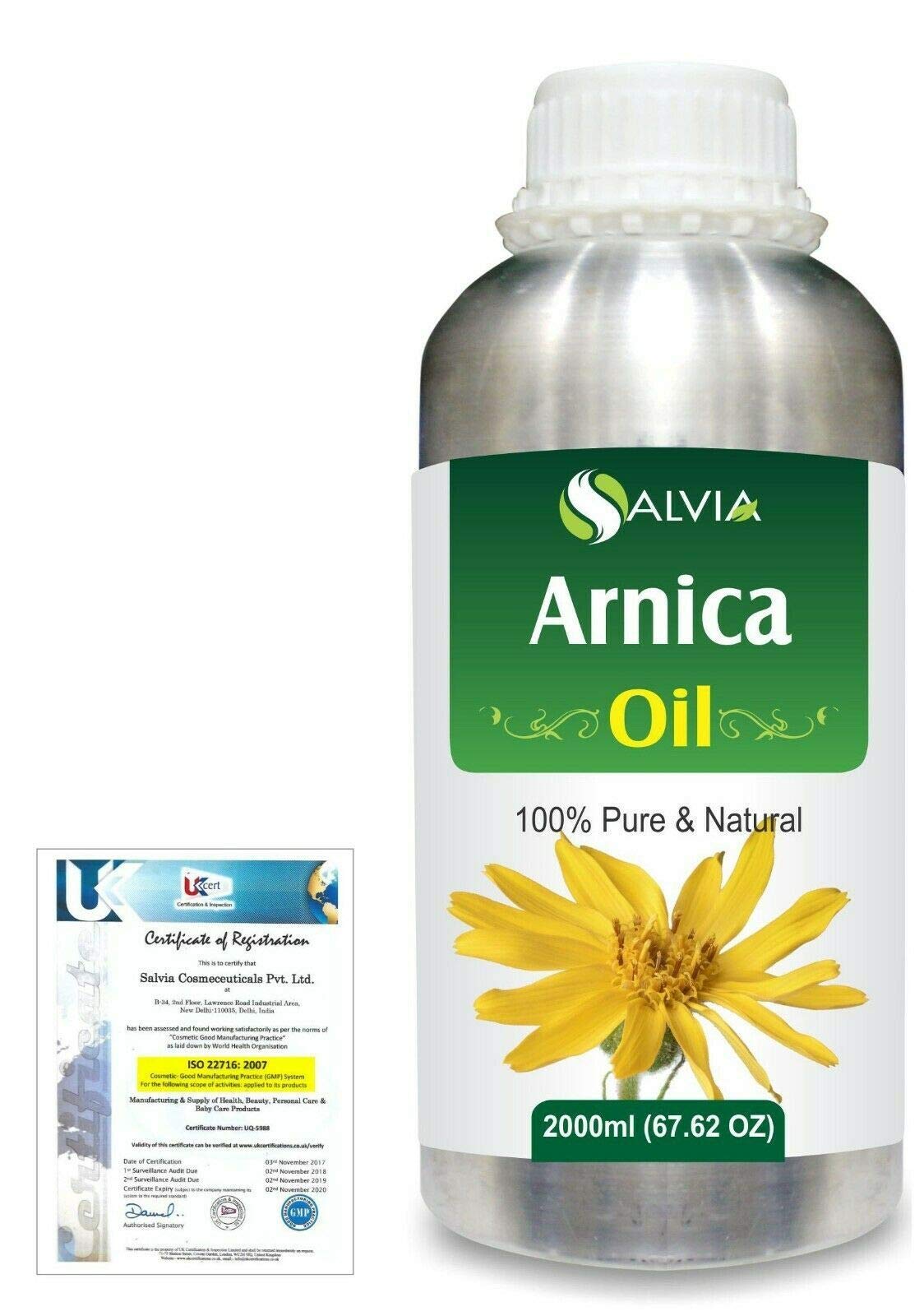 100% Pure Arnica Montana Essential Oil - Undiluted, Cold Pressed, Therapeutic Grade for Aromatherapy & Massage - 67.62 Fl Oz Amber Glass Bottle by Salvia - Perfect for Pain Relief, Muscle Recovery & Skin Care