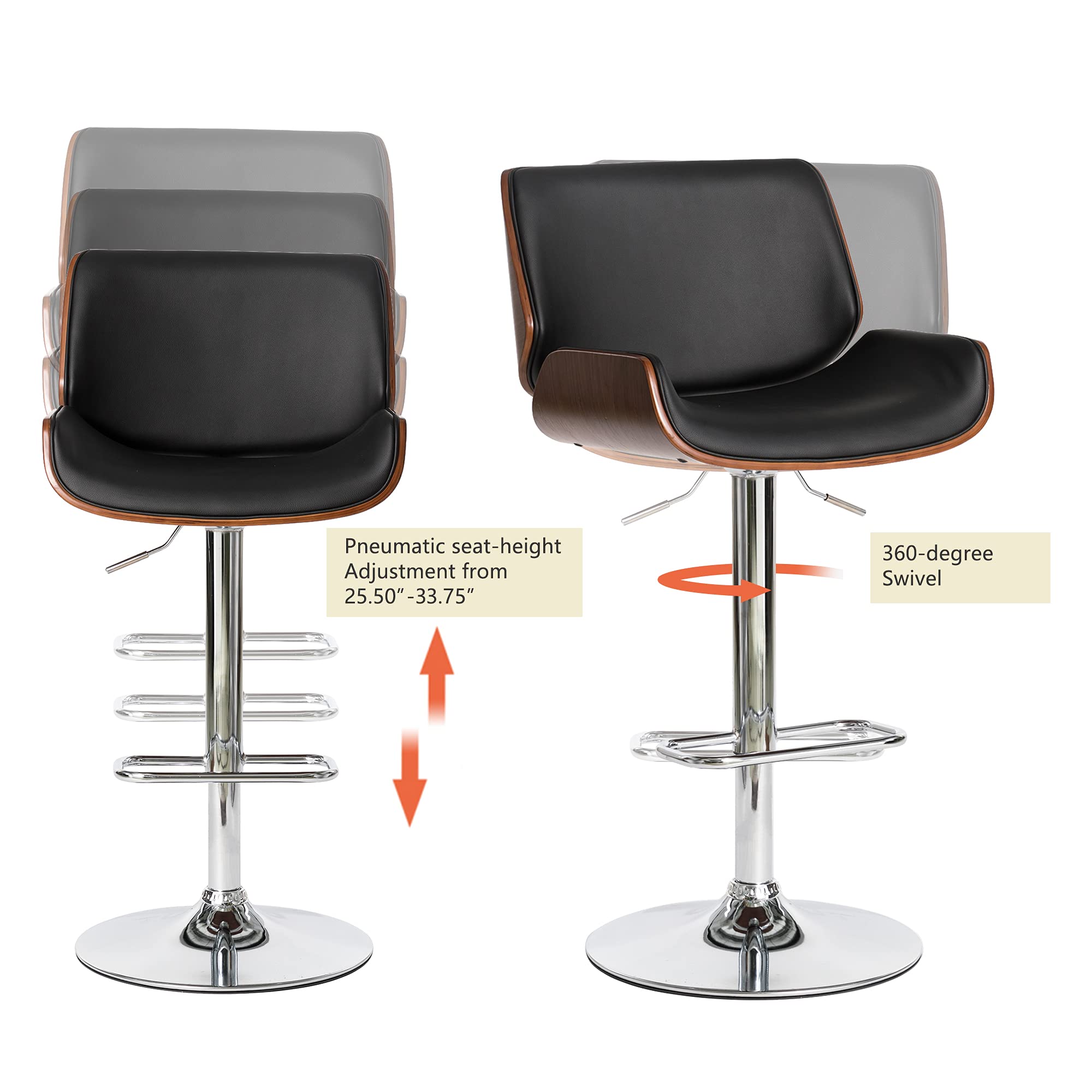 Glitzhome Adjustable Bar Stool Set of 2 - Swivel Mid-Century Modern PU Leather Counter Height Dining Chairs with Back Support, Black Walnut Bentwood Design - Perfect for Kitchen Islands, Breakfast Bars & Home Bars