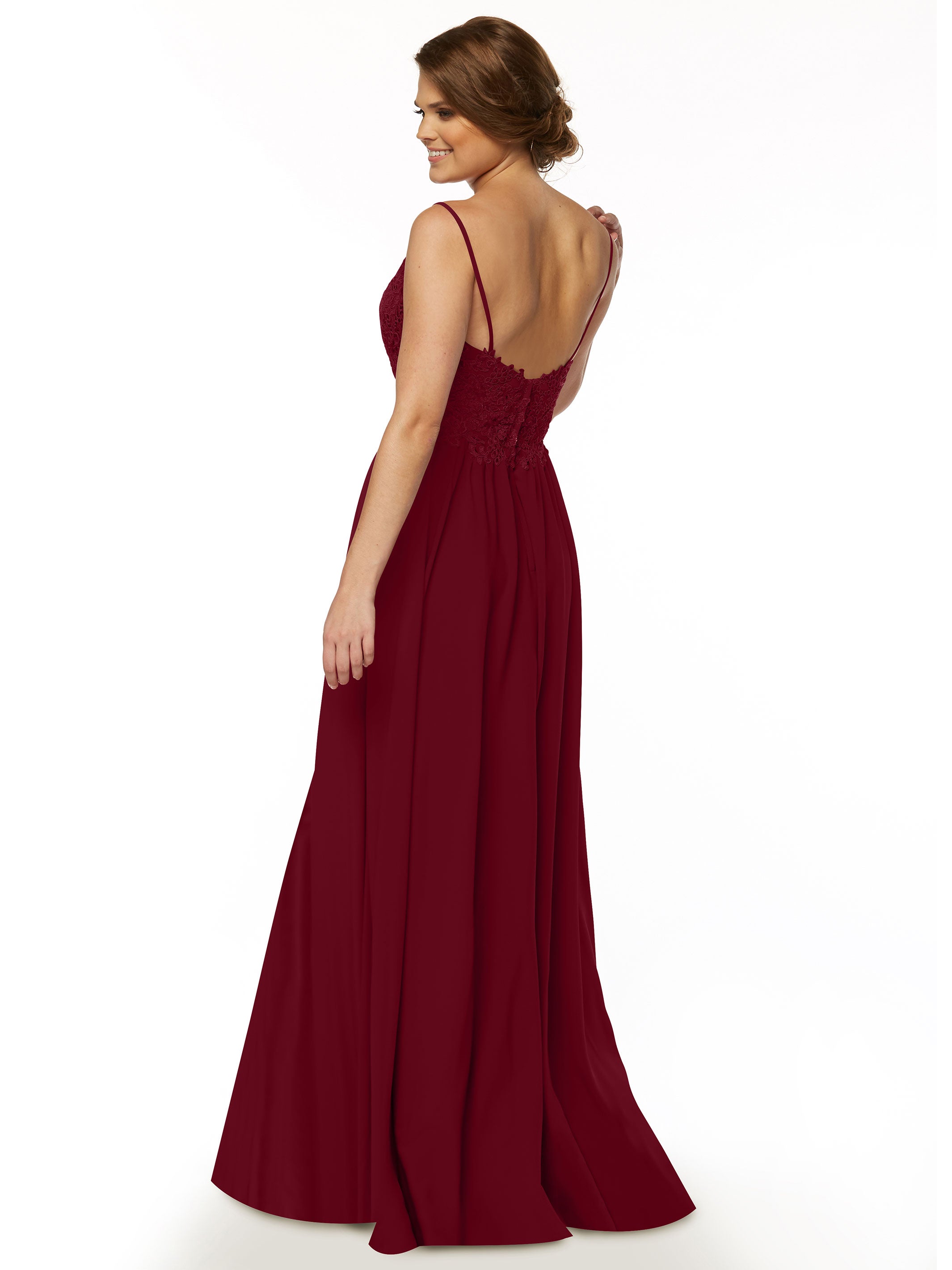 Elegant A-Line Stretch Chiffon Bridesmaid Dress with Lace Bodice & High Slit - Perfect for Weddings, Proms & Formal Events